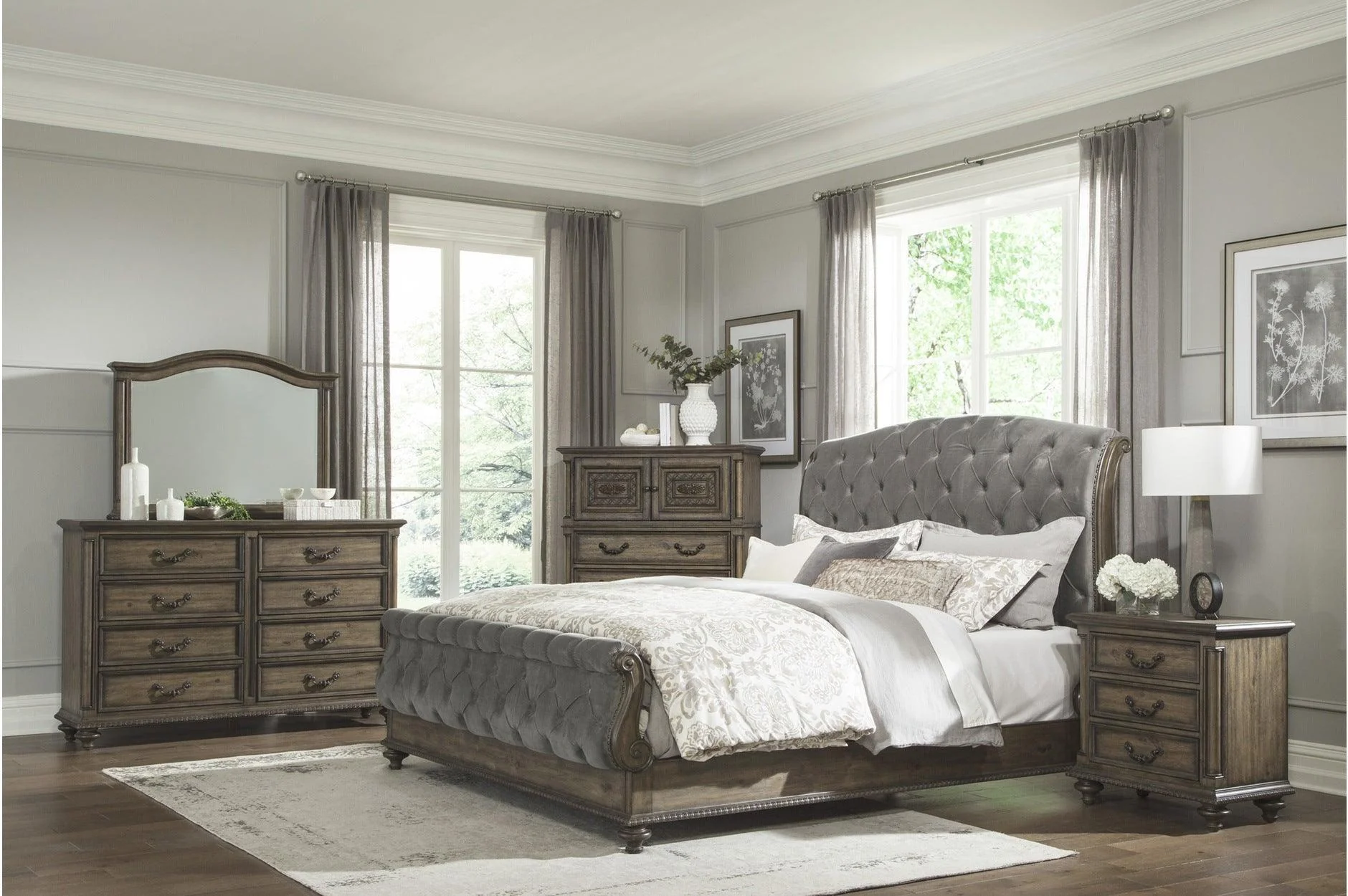 Rachelle Gray Velvet Upholstered Tufted Sleigh Bedroom Set - Image 1