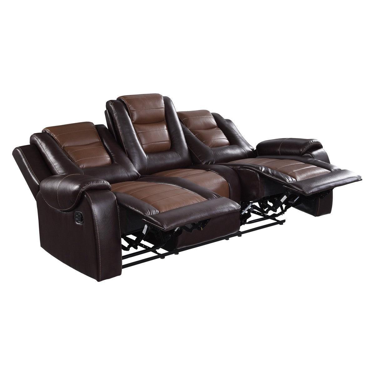 Briscoe 2 Tone Light Brown Dark Brown Faux Leather Double Reclining Sofa - Image 3
