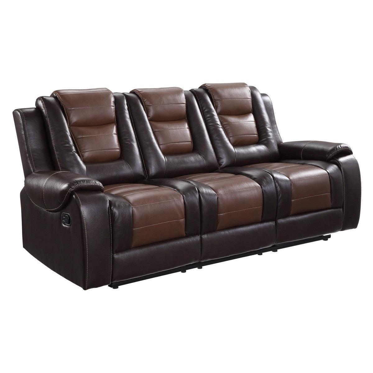Briscoe 2 Tone Light Brown Dark Brown Faux Leather Double Reclining Sofa - Image 2