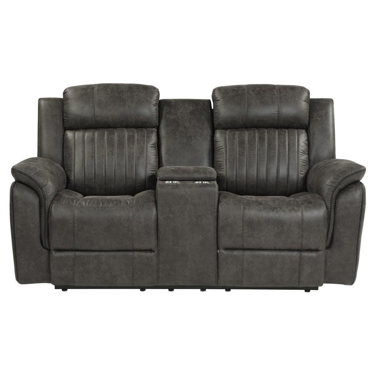 Centeroak Brown Gray Double Reclining Loveseat Center Console - Image 1