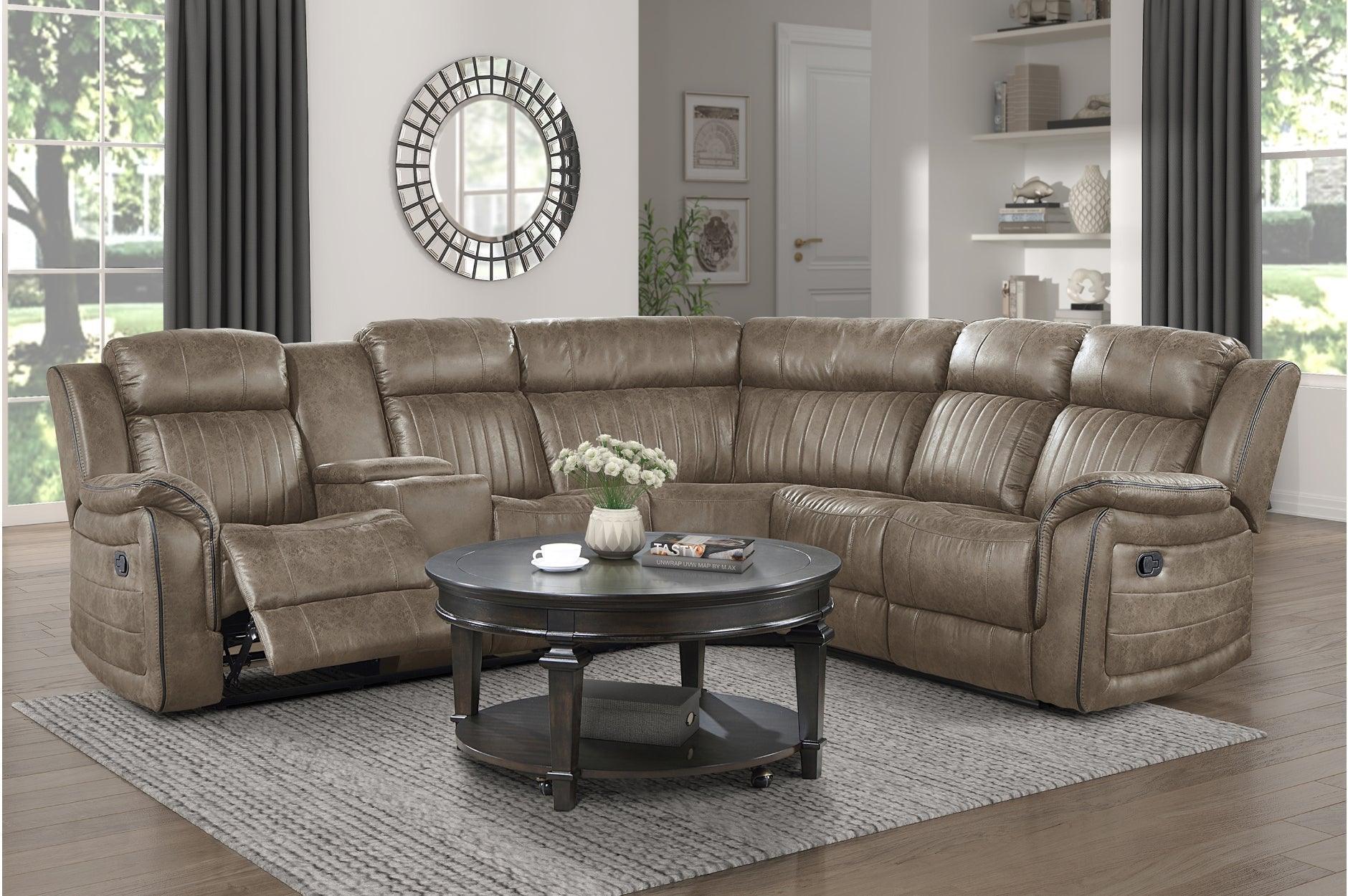 Centeroak Brown Gray Faux Leather Reclining Sectional - Image 1
