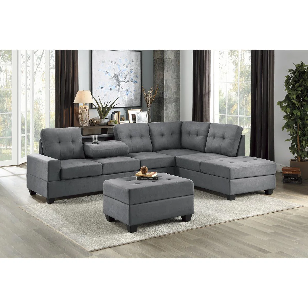 Maston Dark Gray Fabric Tufted Storage Ottoman - Image 3