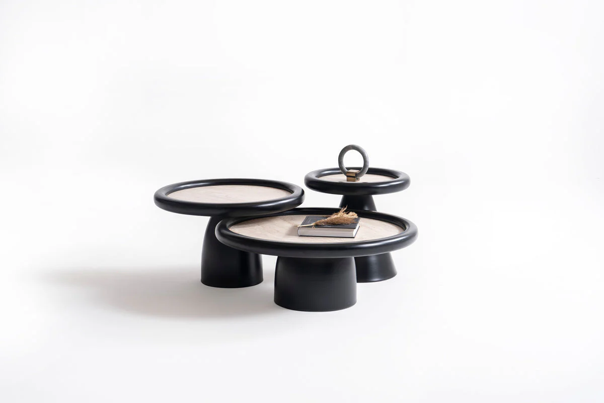 Romena Black Travertine 3-Piece Coffee Table Set