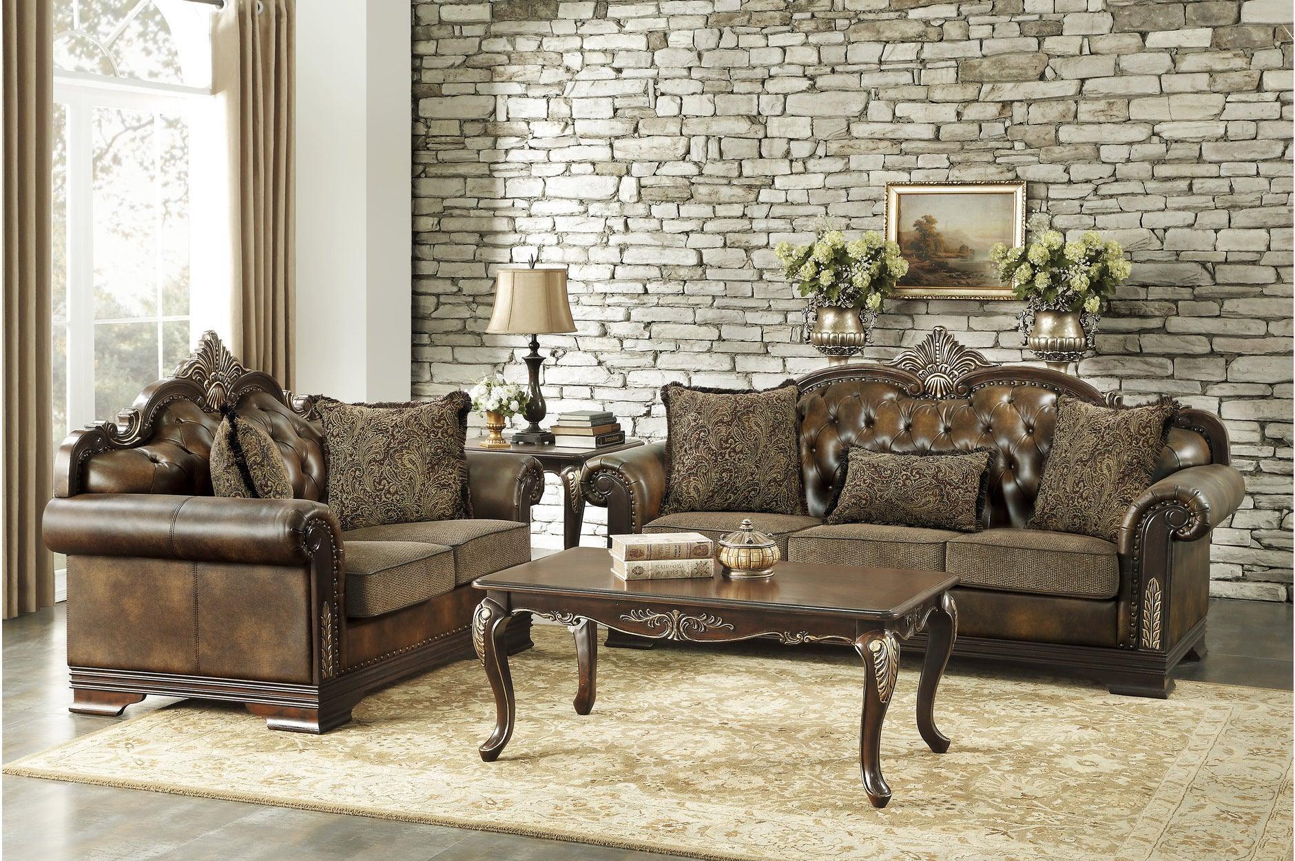 Croydon Dark Cherry Faux Leather Fabric Tufted Living Room Set - Image 1