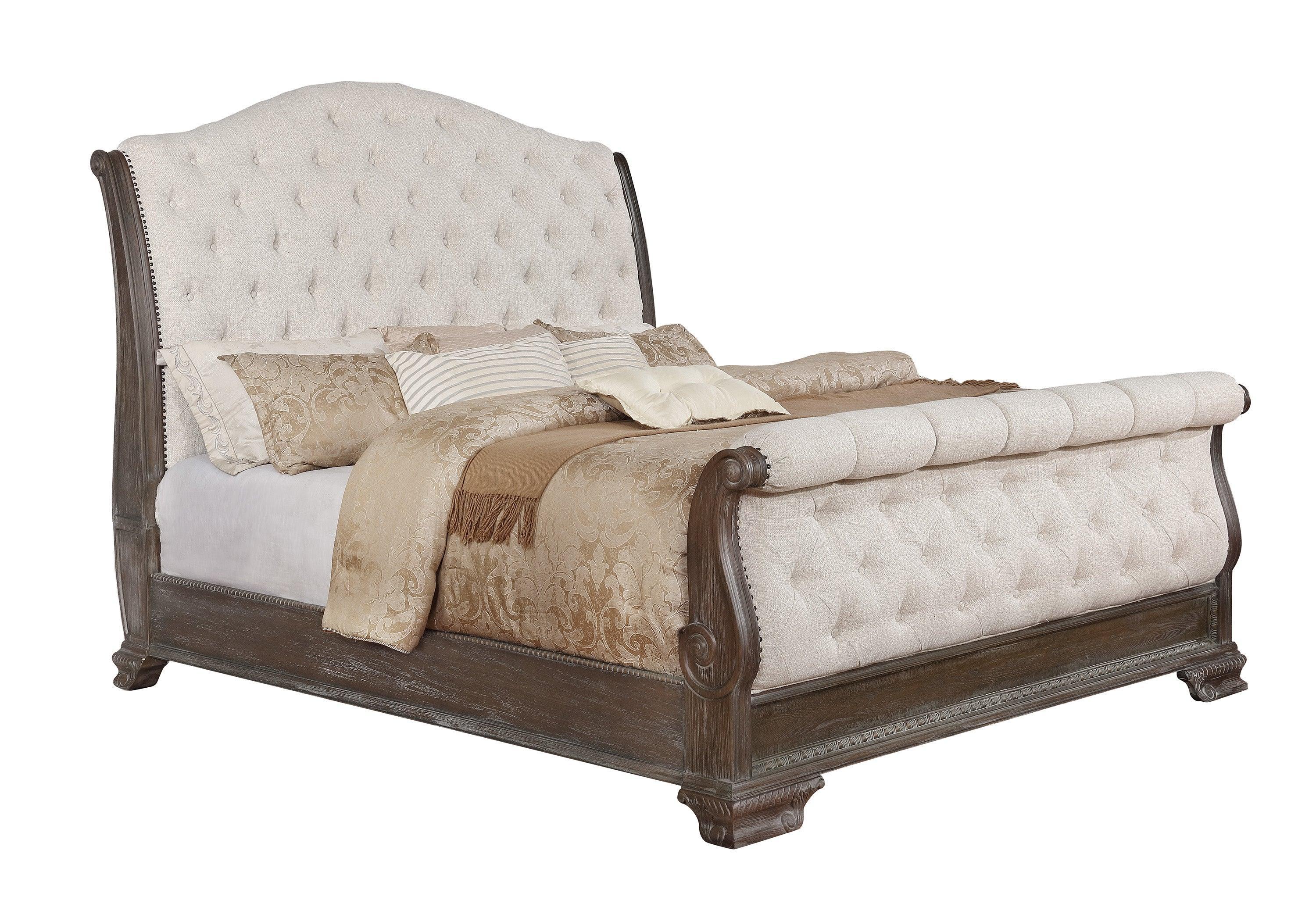 Sheffield Antique Gray Fabric Upholstered Tufted Sleigh Bedroom Set - Image 2