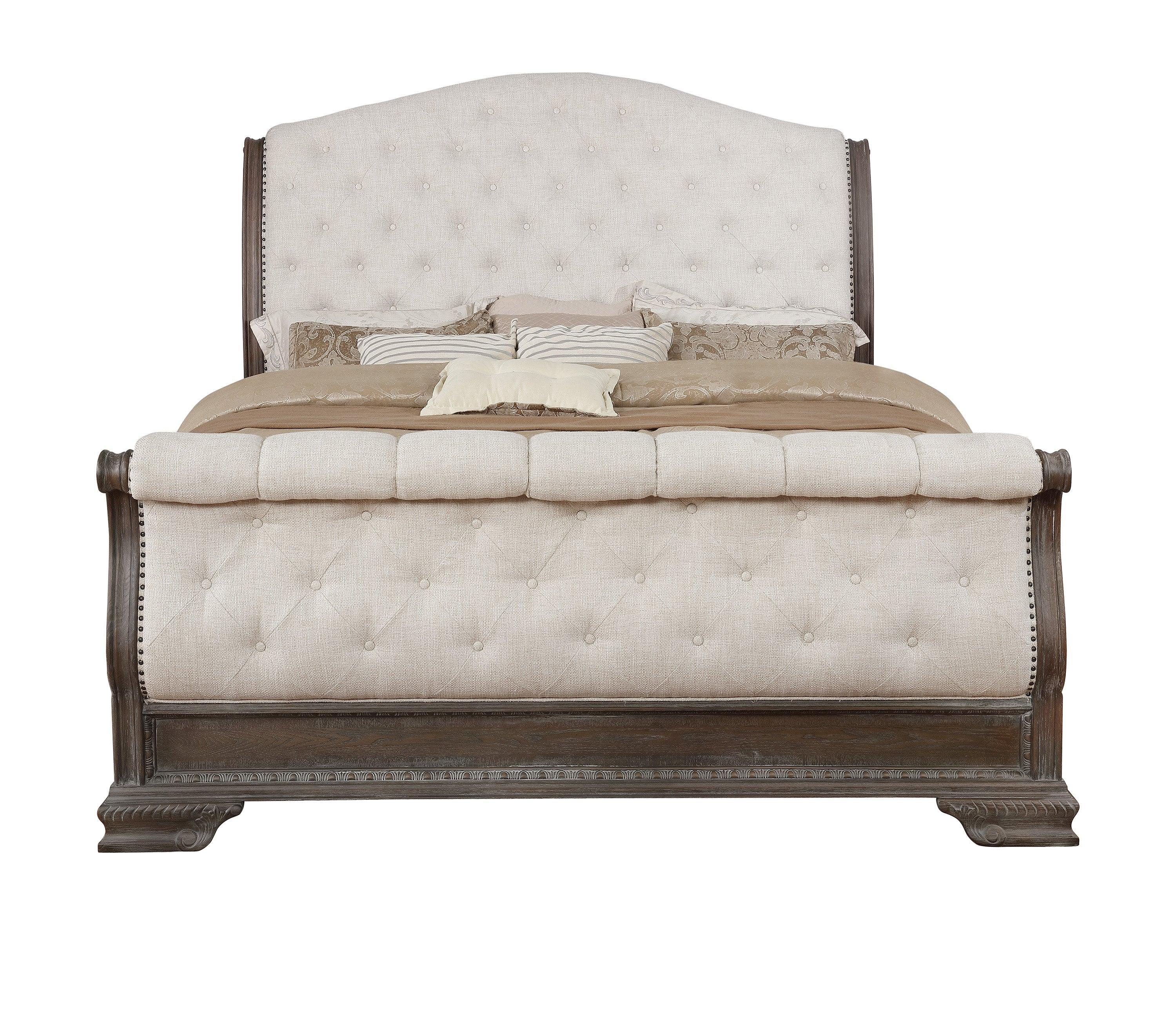 Sheffield Antique Gray Fabric Upholstered Tufted Sleigh Queen Bed - Image 3