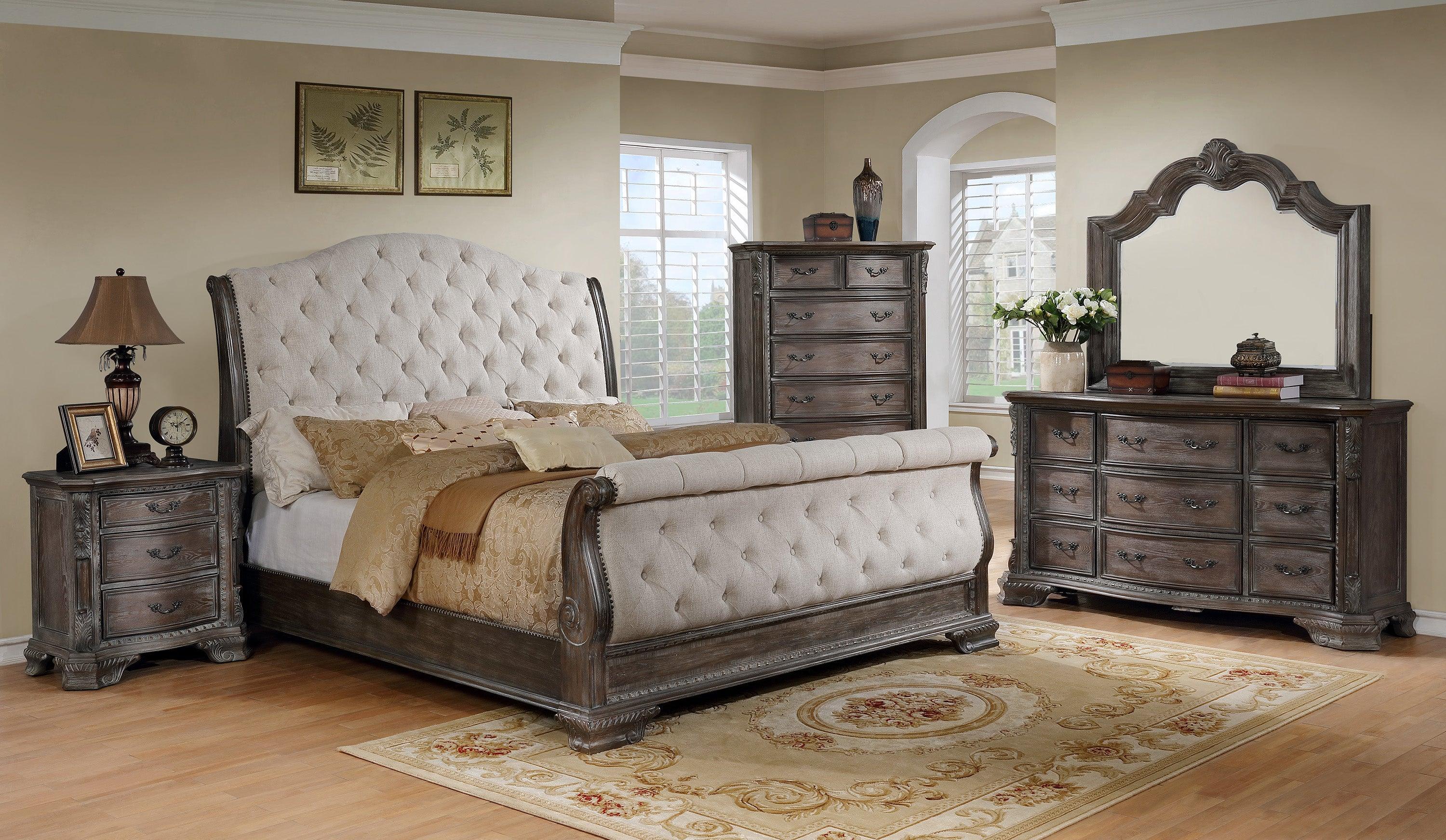 Sheffield Antique Gray Fabric Upholstered Tufted Sleigh King Bed - Image 2
