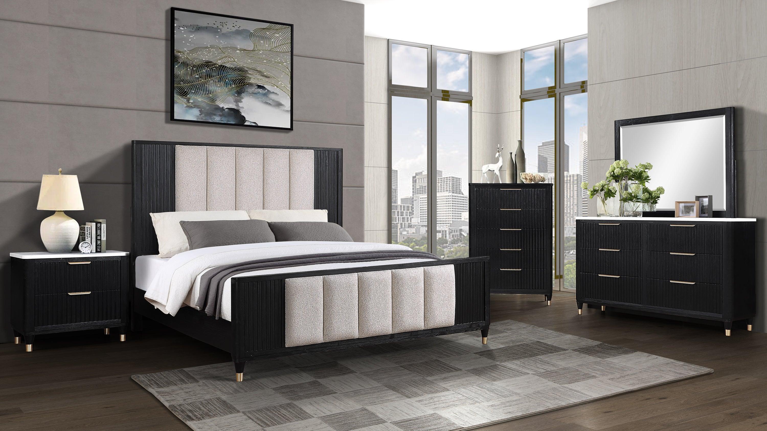 Kara Black Gray Fabric Upholstered Panel King Bed - Image 2