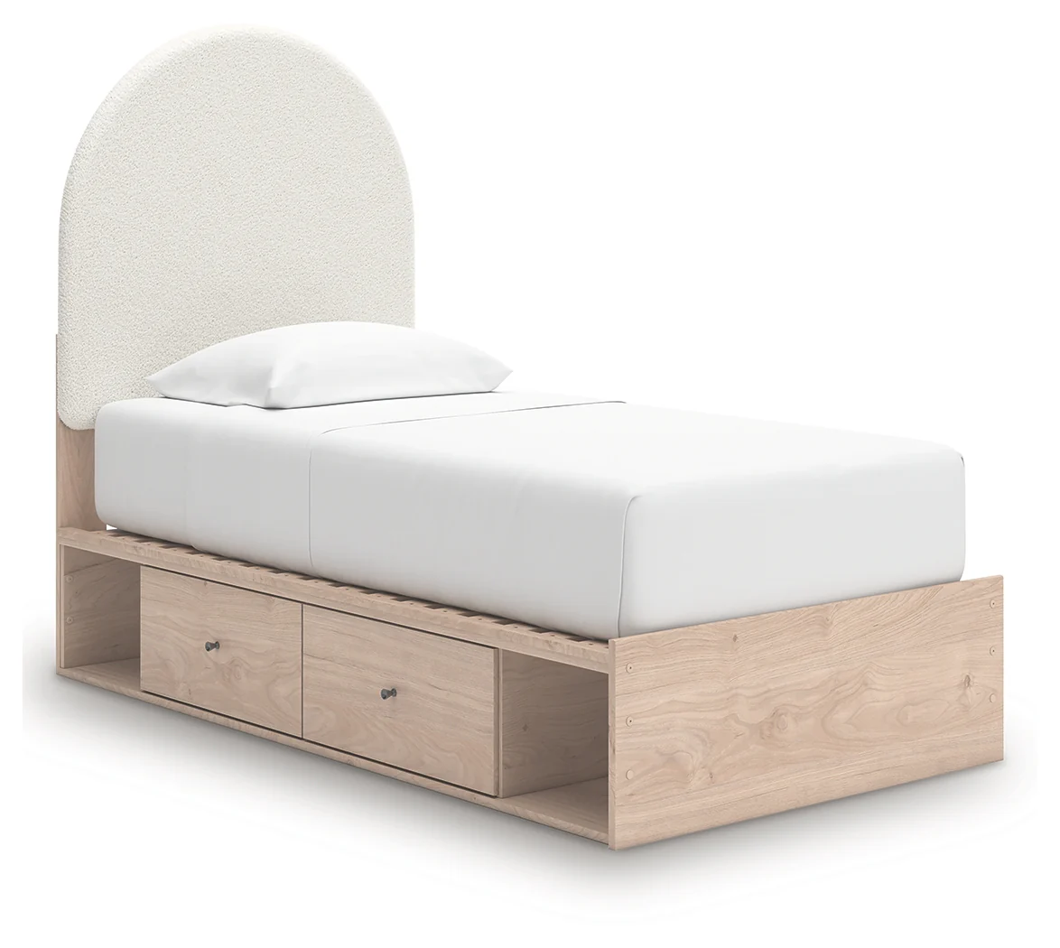 Shapella Tan/White Twin Upholstered Panel Bed with Storage - Image 2