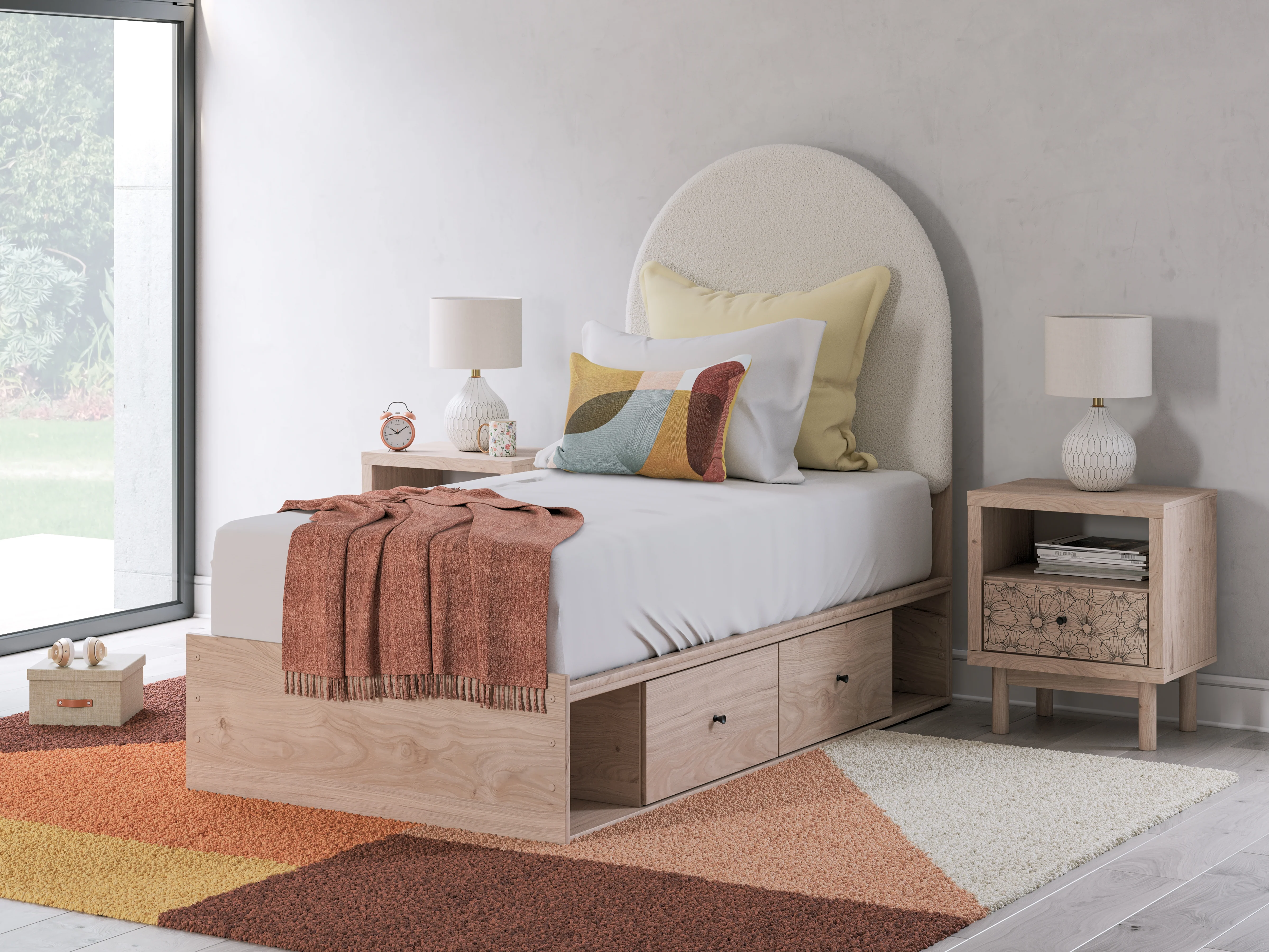 Shapella Tan/White Twin Upholstered Panel Bed with Storage - Image 3