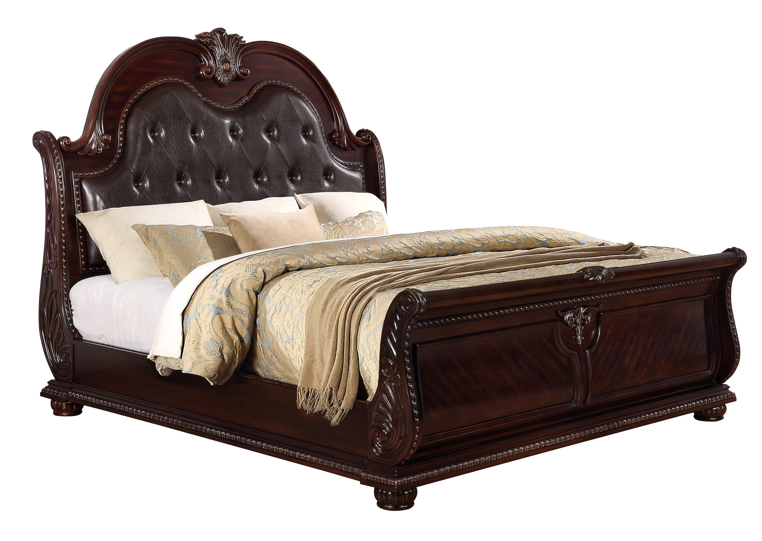 Stanley Cherry Brown Fabric Upholstered Tufted Sleigh Bedroom Set - Image 2