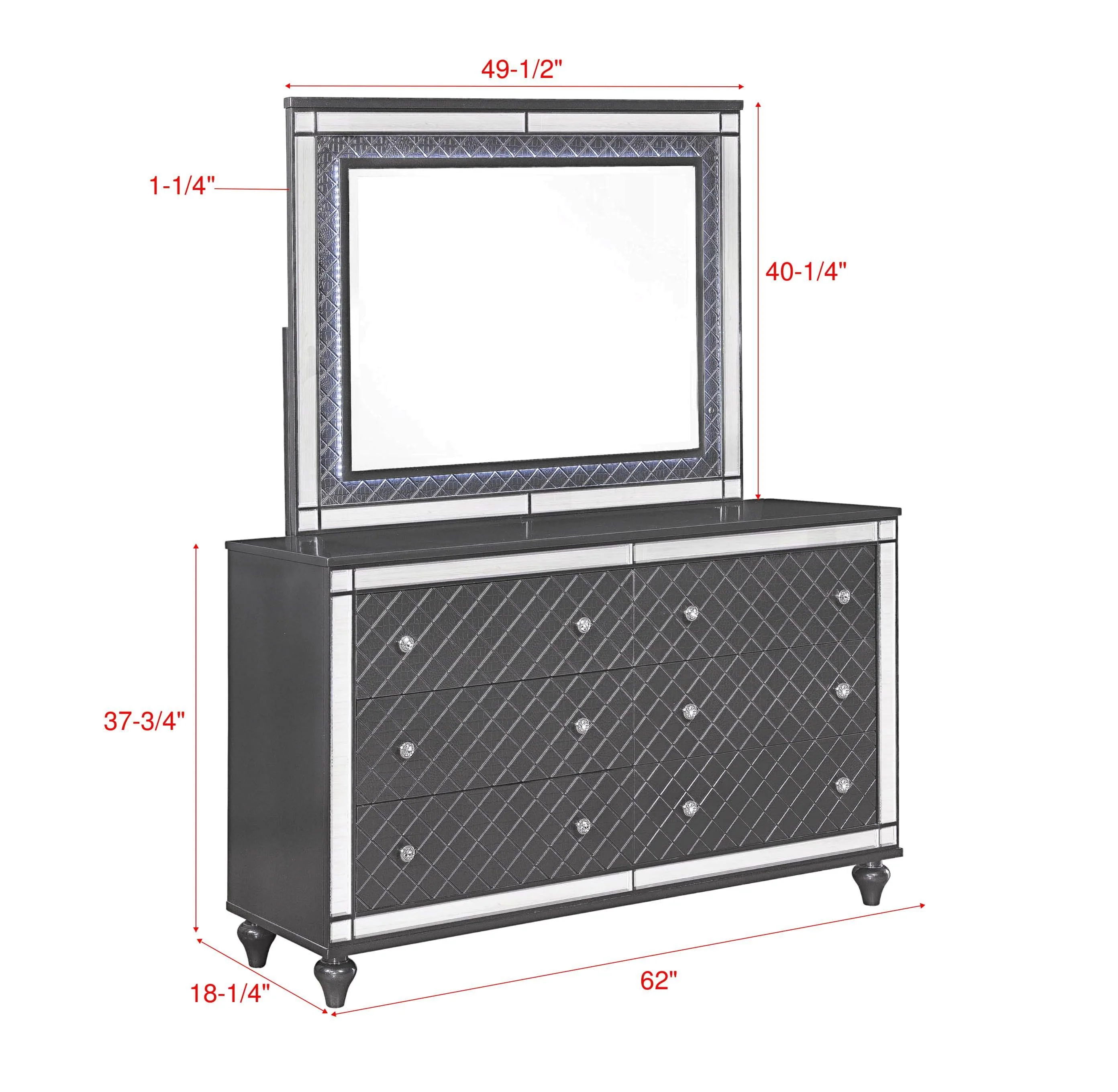 Refino Glamorous Dresser Gray Faux Crystal 6 Drawers - Image 2