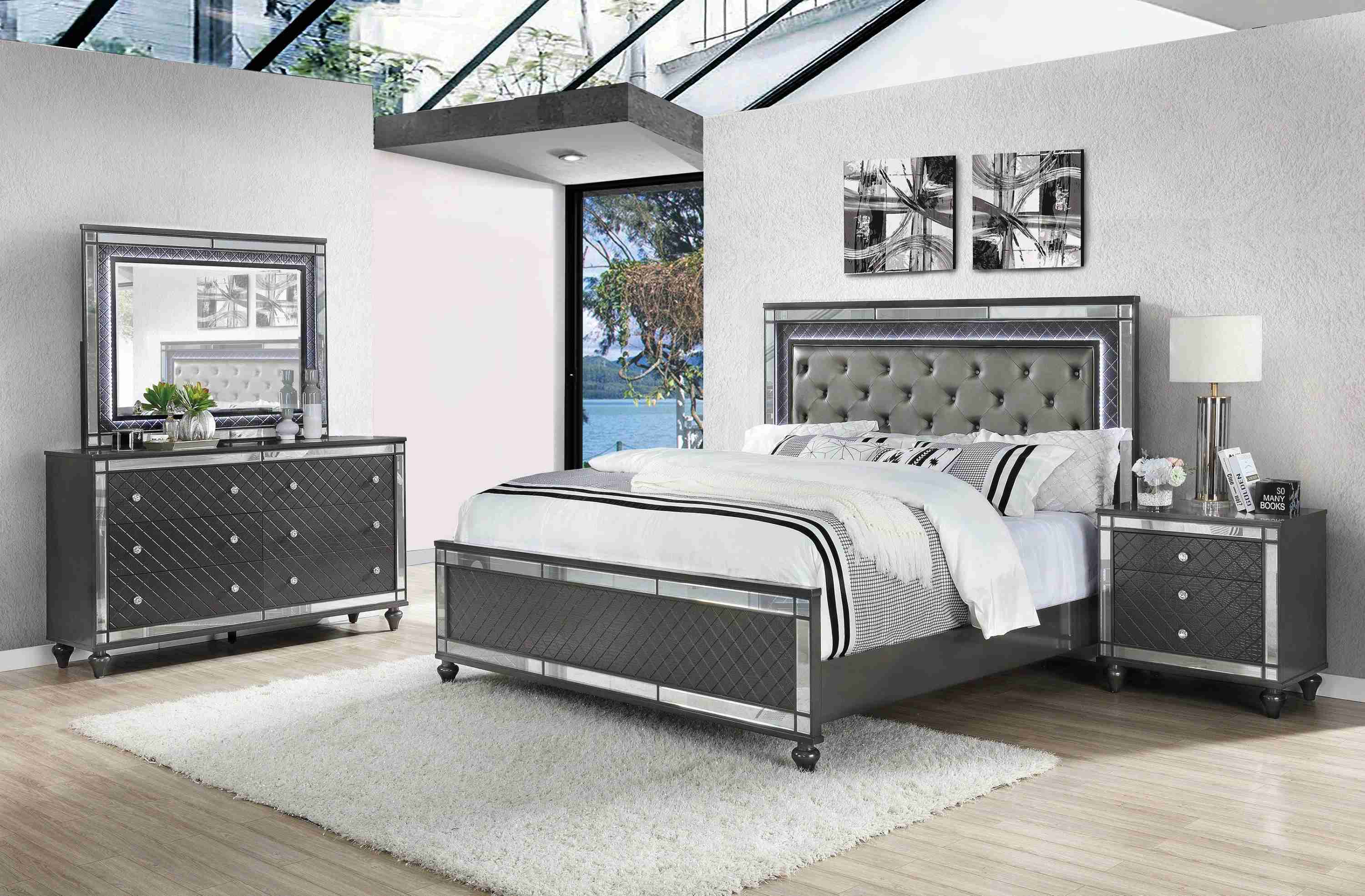 Refino Gray LED Fabric Upholstered Tufted Panel Bedroom Set - Image 2