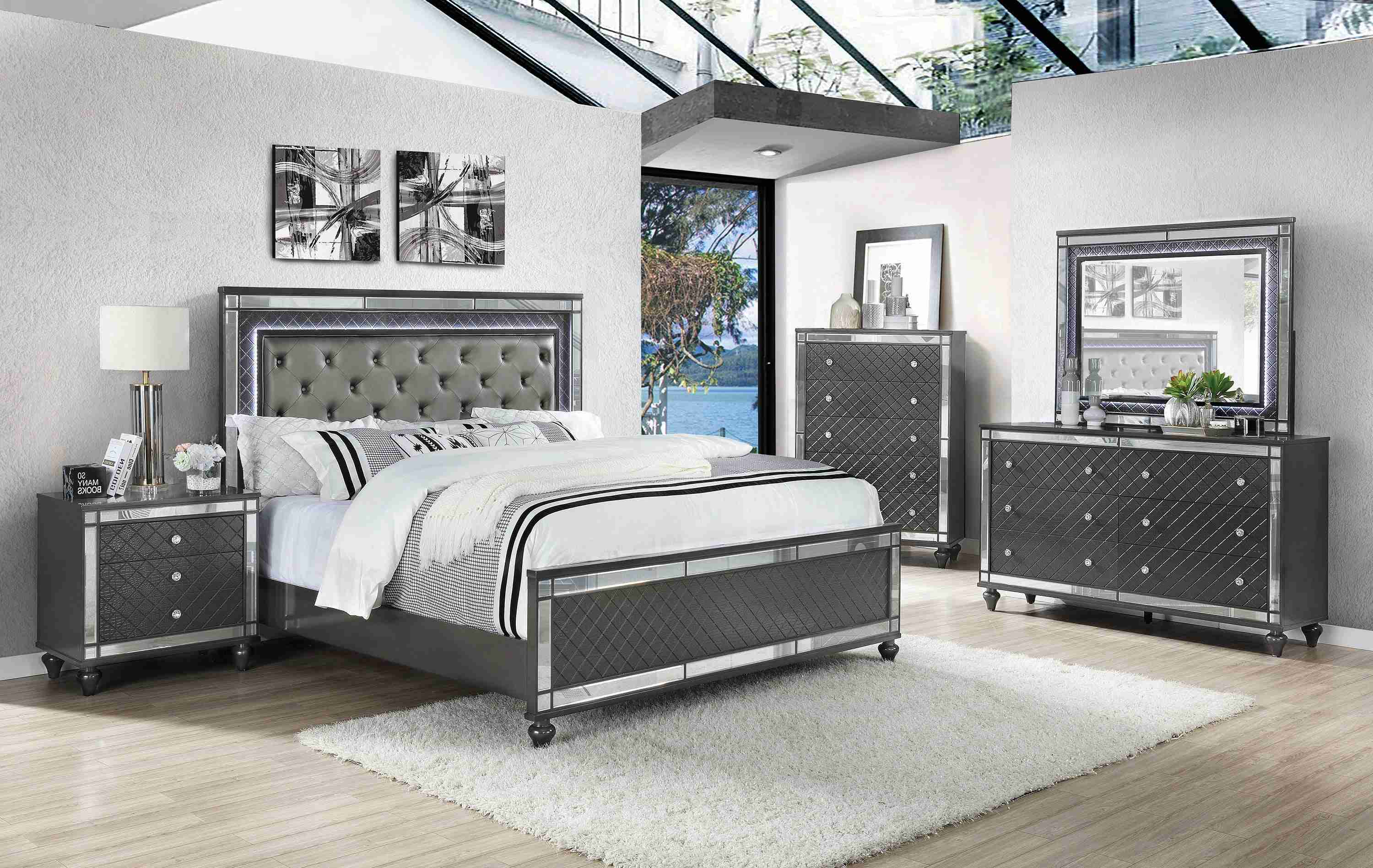 Refino Gray LED Faux Leather Upholstered Tufted Panel Queen Bed - Image 2