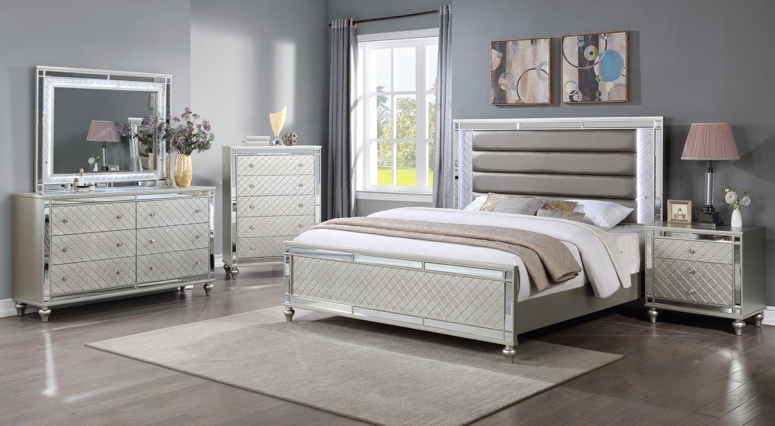 Cristian Champagne LED Faux Leather Upholstered Panel King Bed - Image 3