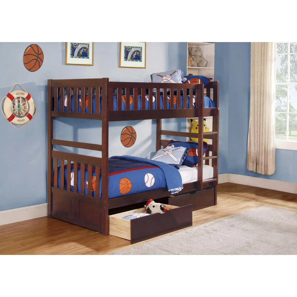 Rowe Dark Cherry Twin Over Twin Bunk Bed With Storage Boxes - Image 1