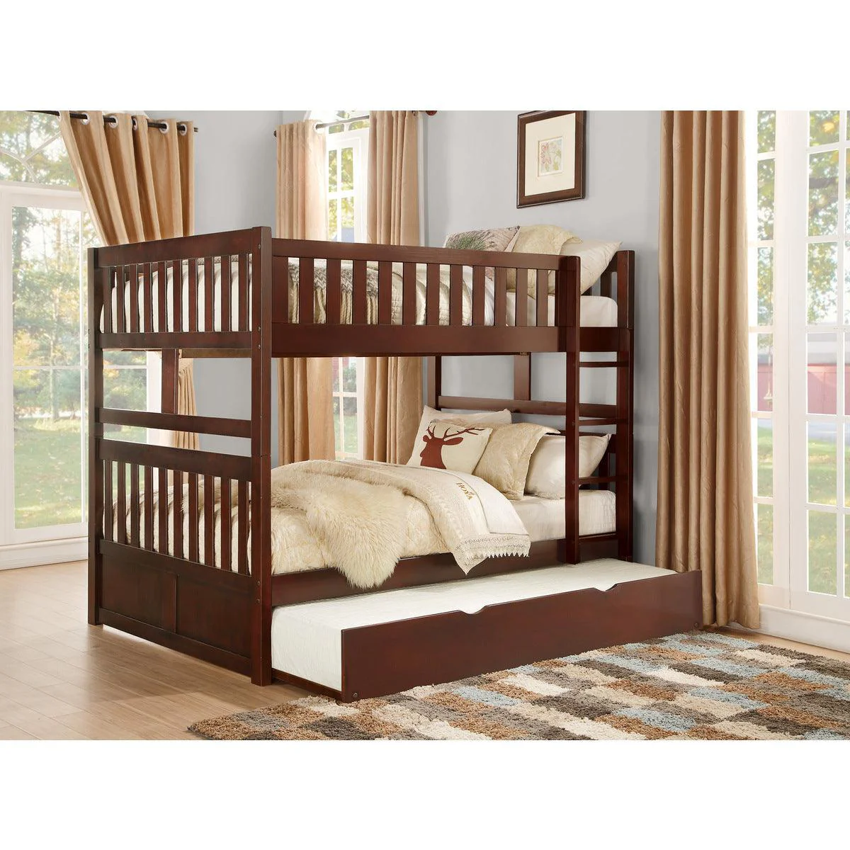 Rowe Dark Cherry Full Over Full Bunk Bed With Twin Trundle - Image 1