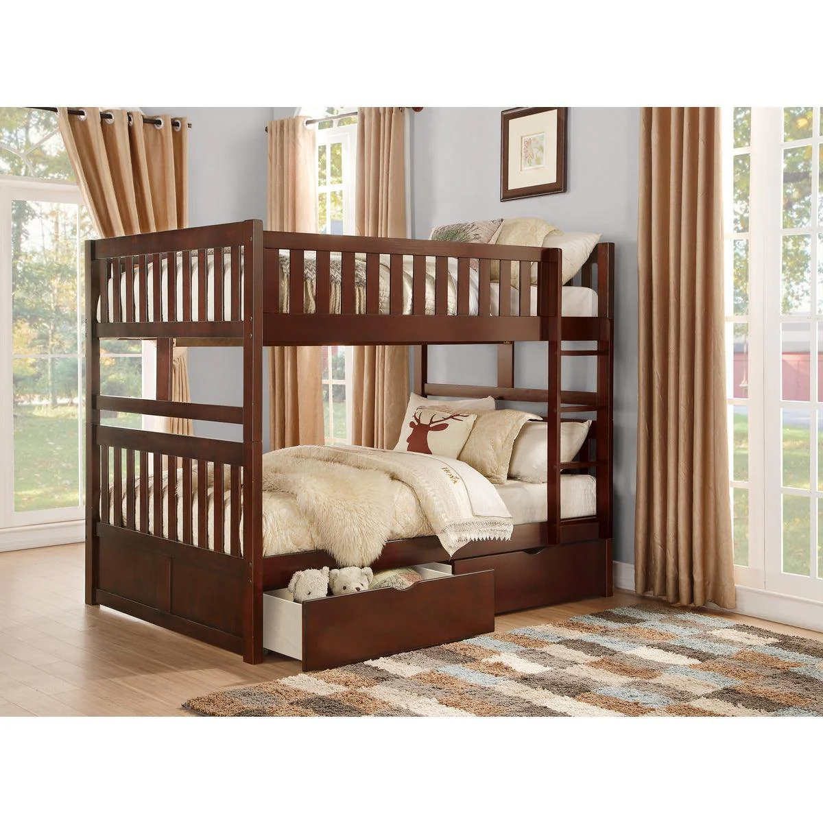 Rowe Dark Cherry Full Over Full Bunk Bed With Storage Boxes - Image 1