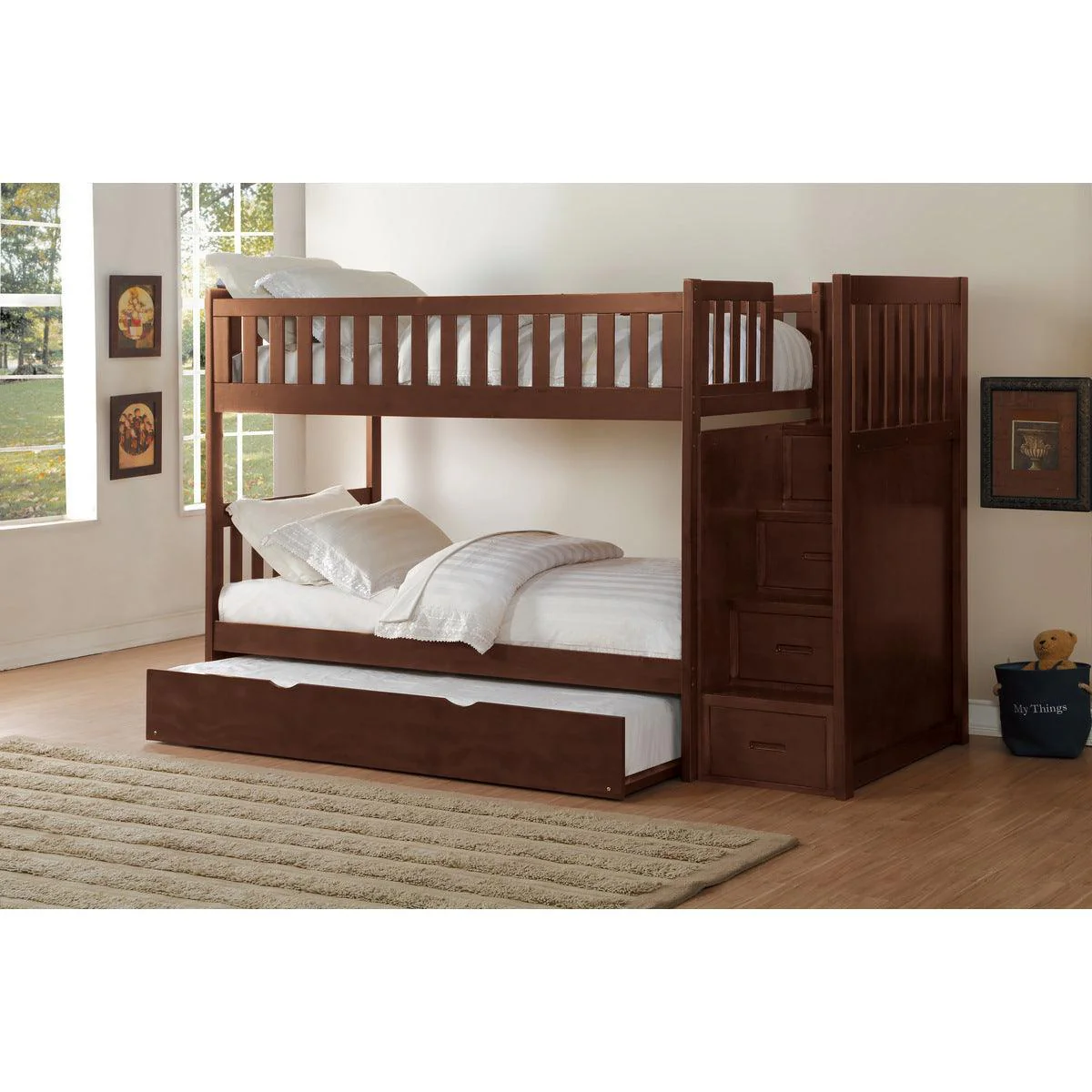 Rowe Dark Cherry Twin Over Twin Step Bunk Bed With Twin Trundle - Image 1