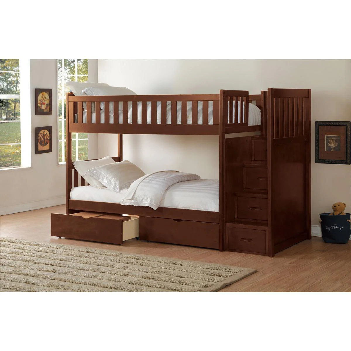 Rowe Dark Cherry Twin Over Twin Step Bunk Bed With Storage Boxes - Image 1