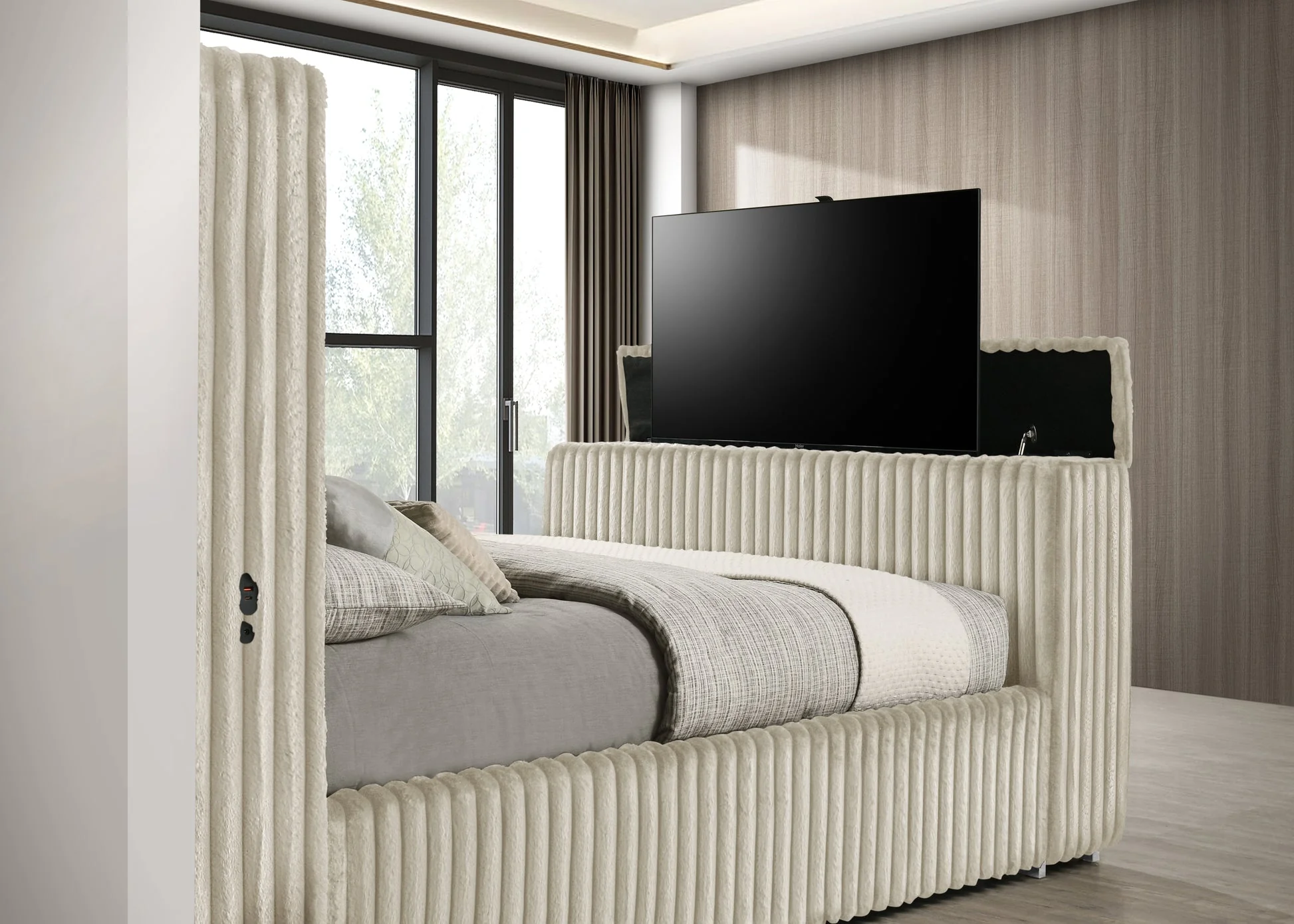 Henley Cream Upholsterd Fireplace TV Panel Bedroom Set - Image 2