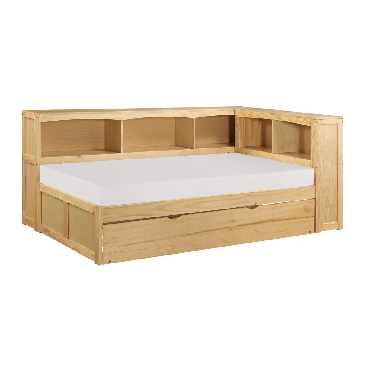 Bartly Natural Twin Bookcase Corner Bed With Twin Trundle