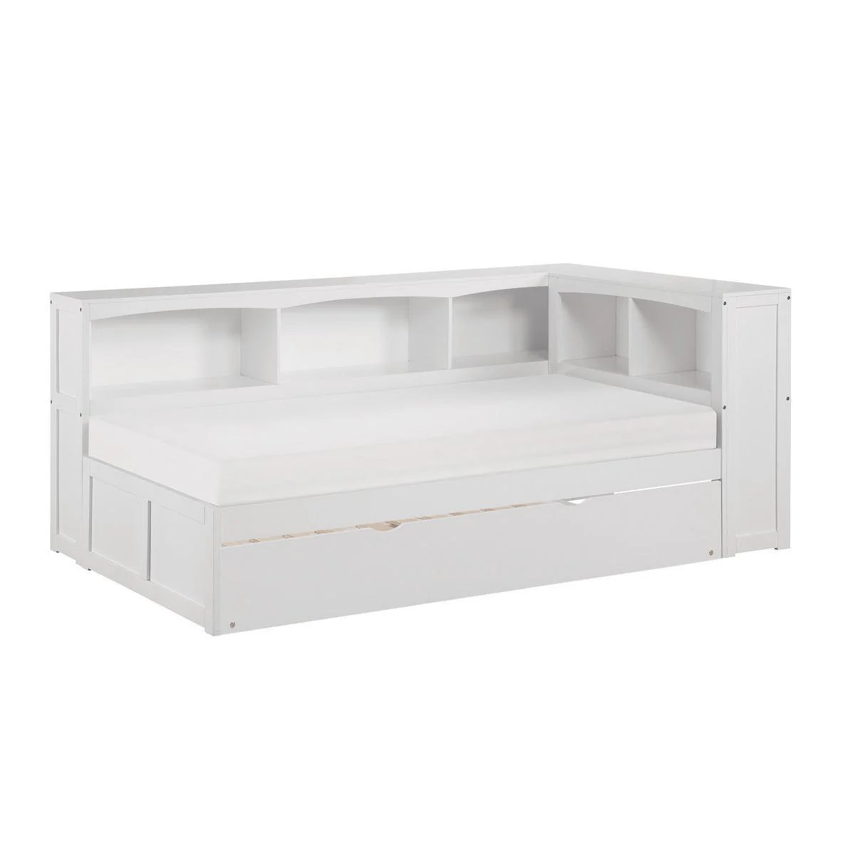 Galen White Twin Bookcase Corner Bed With Twin Trundle