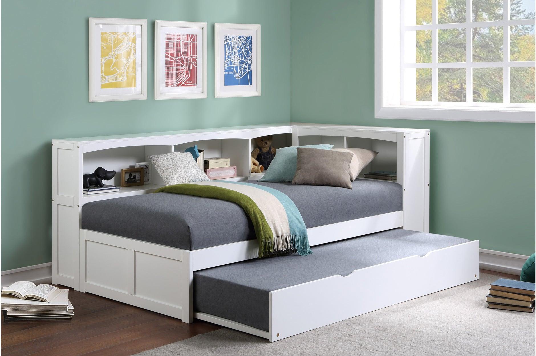 Galen White Twin Bed Twin Corner Bookcase Bed - Image 2