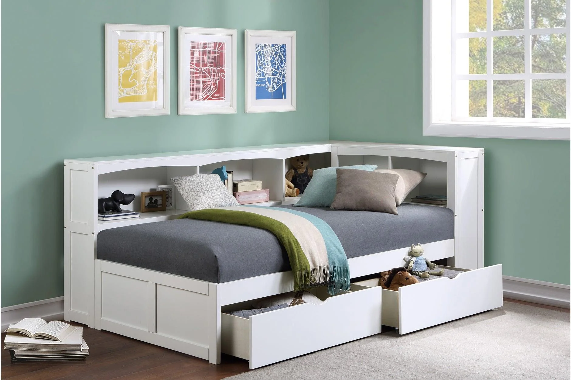Galen White Twin Bed Twin Corner Bookcase Bed - Image 3