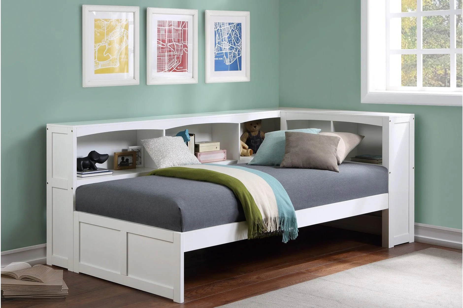 Galen White Twin Bed Twin Corner Bookcase Bed