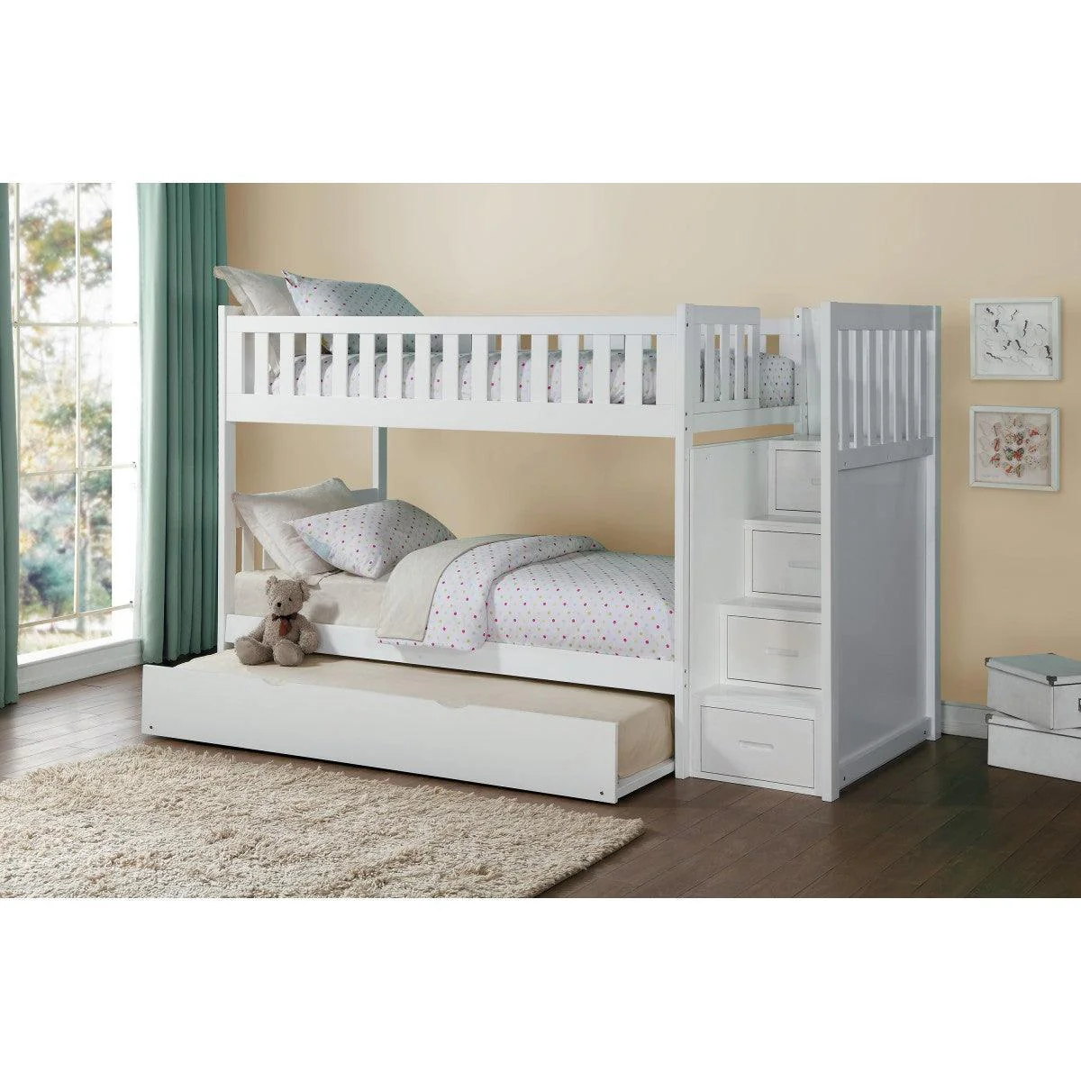 Galen White Twin Over Twin Step Bunk Bed With Twin Trundle