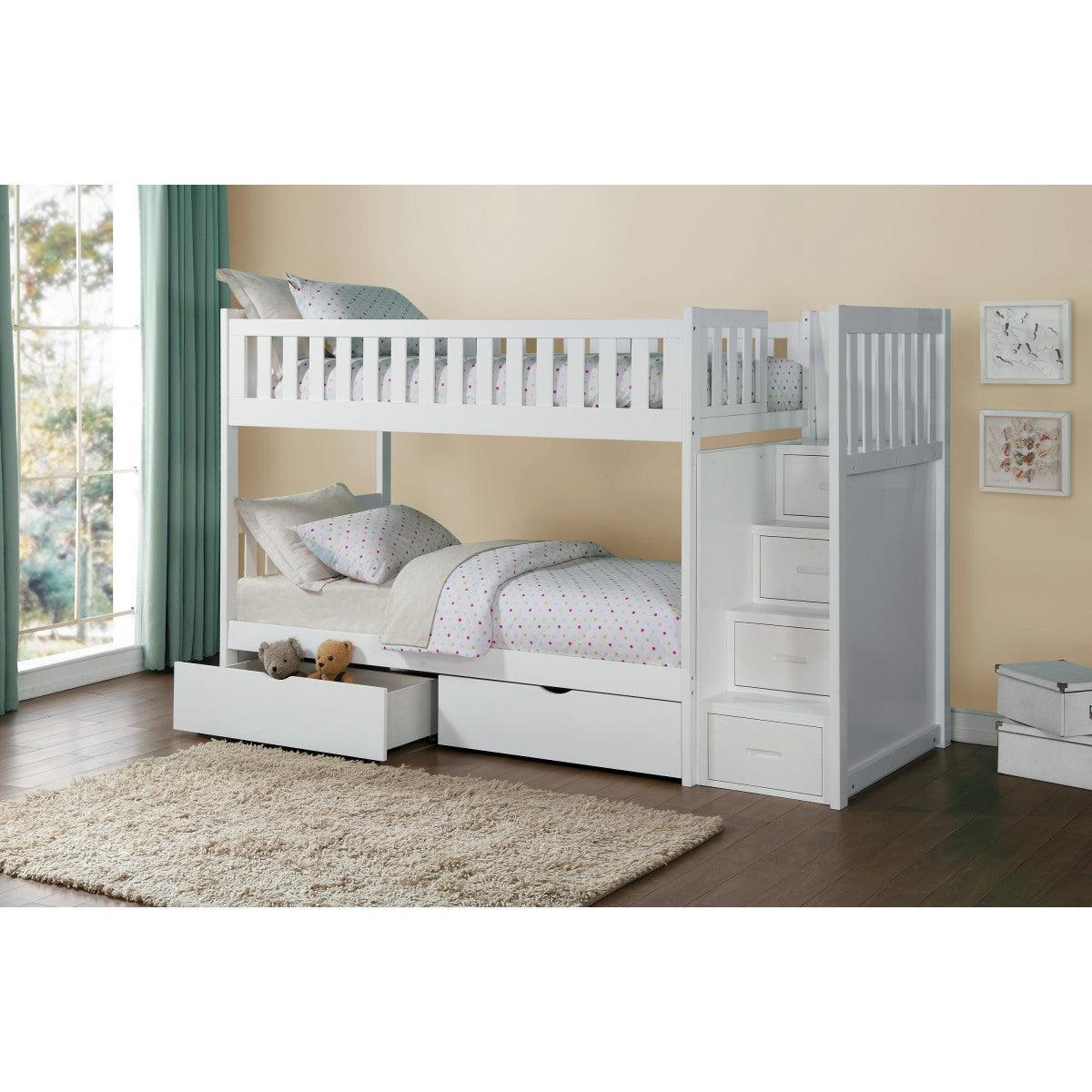 Galen White Twin Over Twin Step Bunk Bed With Storage Boxes