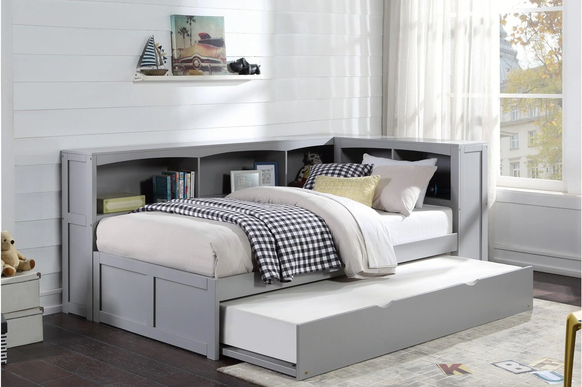 Orion Gray Twin Bed Twin Corner Bookcase Bed - Image 2