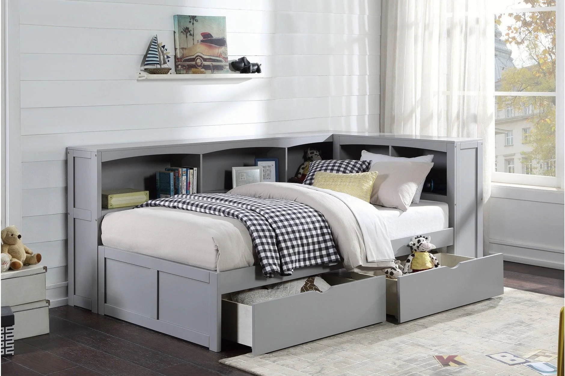 Orion Gray Twin Bed Twin Corner Bookcase Bed - Image 3