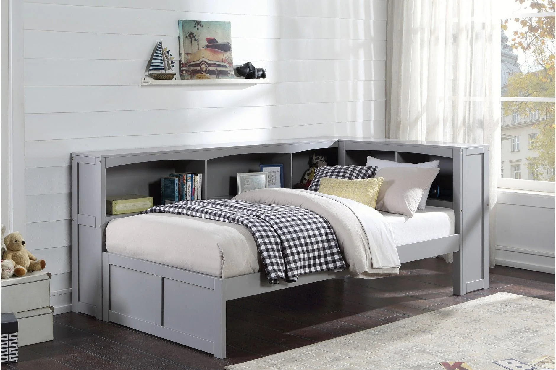 Orion Gray Twin Bed Twin Corner Bookcase Bed