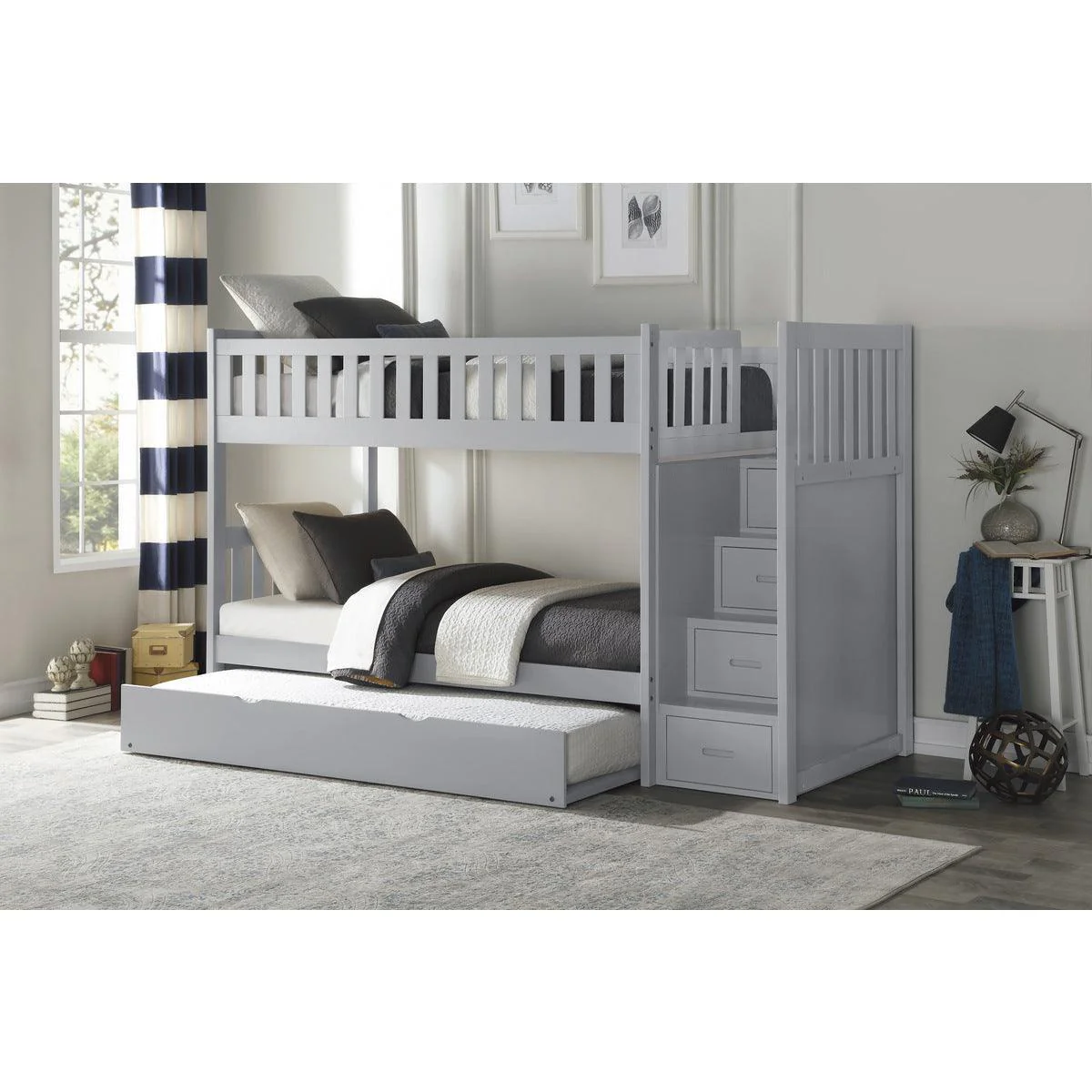 Orion Gray Twin Over Twin Step Bunk Bed With Twin Trundle