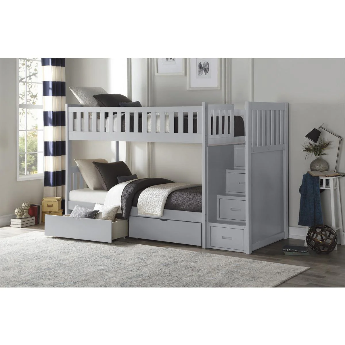 Orion Gray Twin Over Twin Bunk Step Bed With Storage Boxes