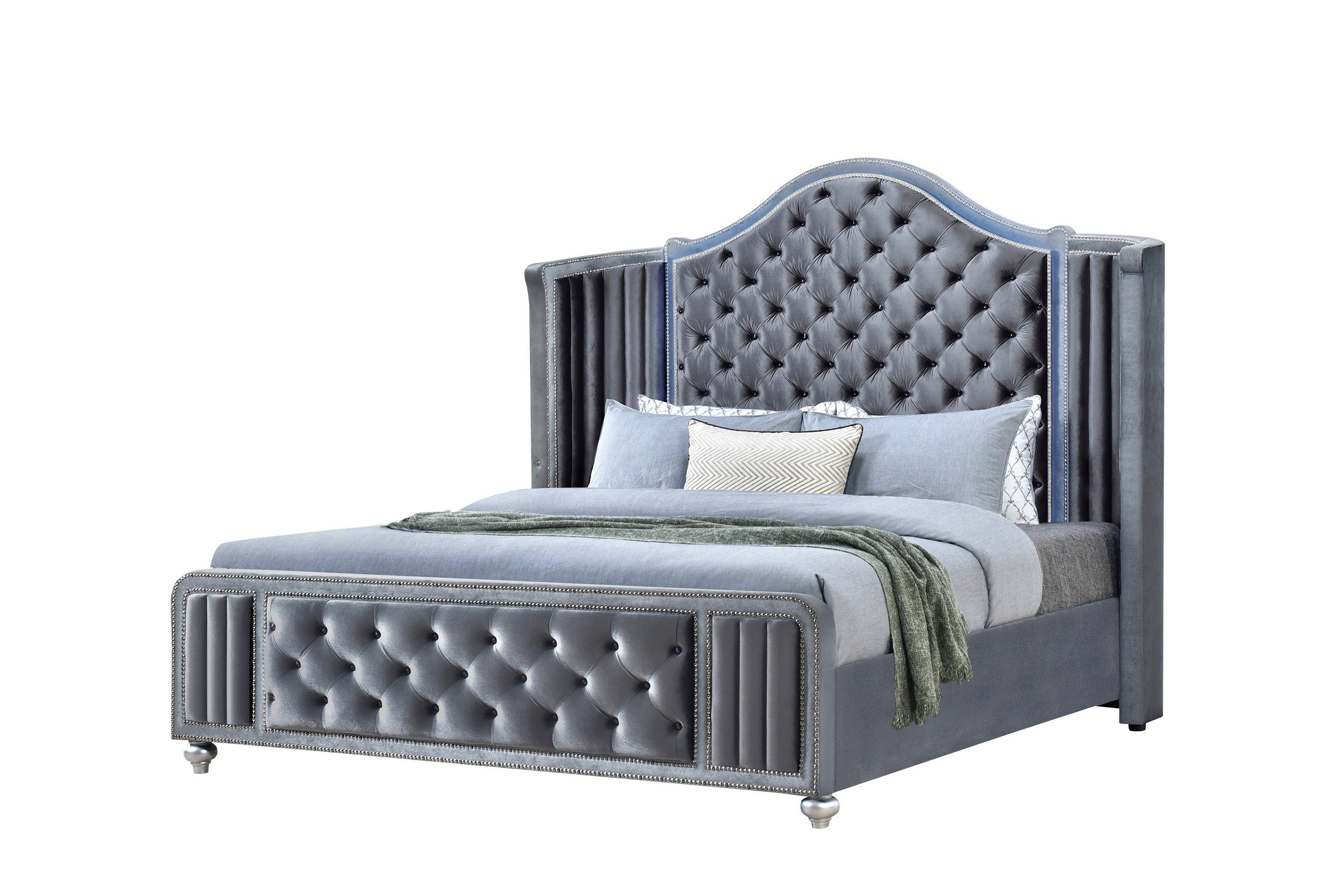 Cameo Gray Velvet Upholstered Tufted Panel Bedroom Set - Image 2