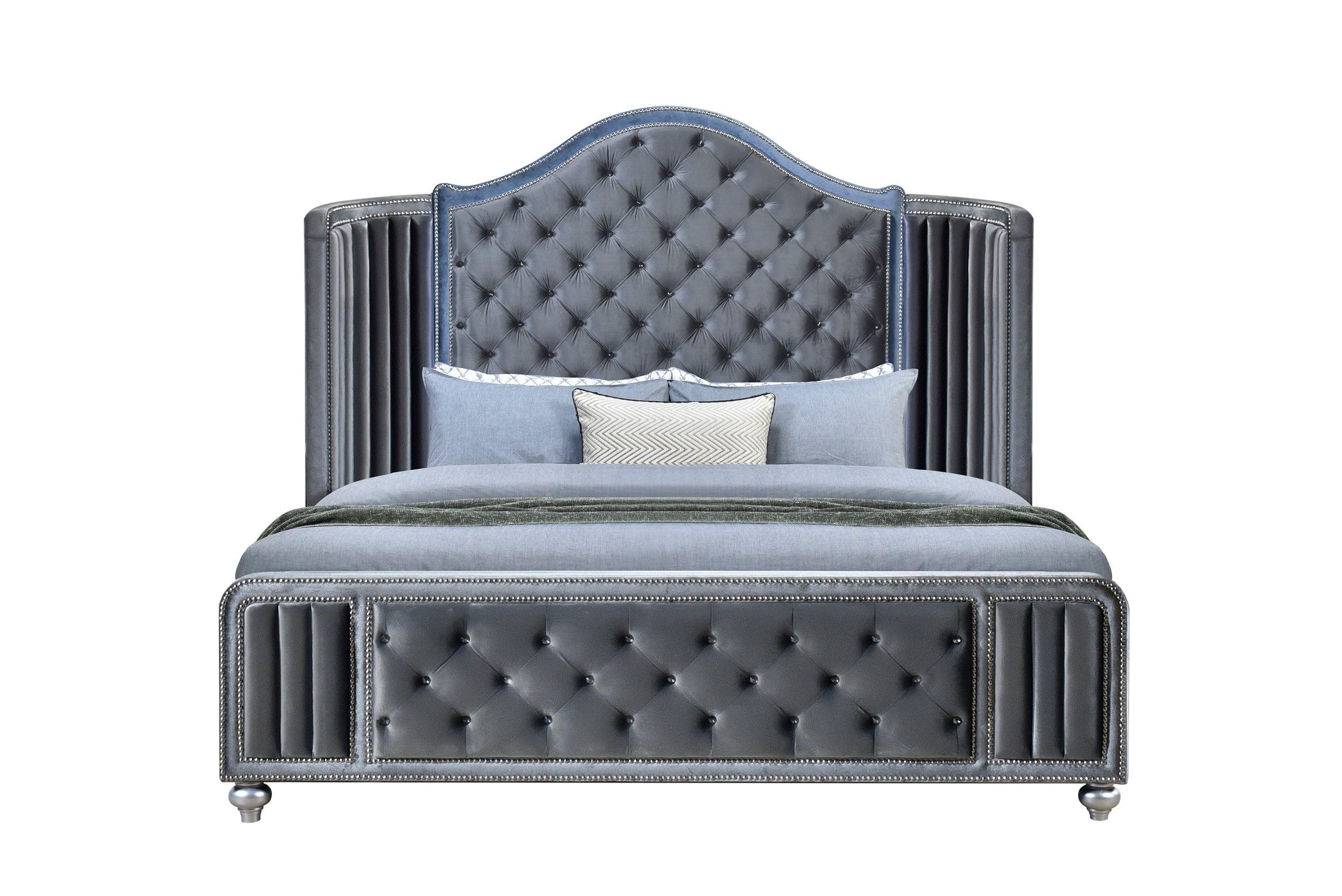 Cameo Gray Velvet Upholstered Tufted Panel Bedroom Set - Image 3