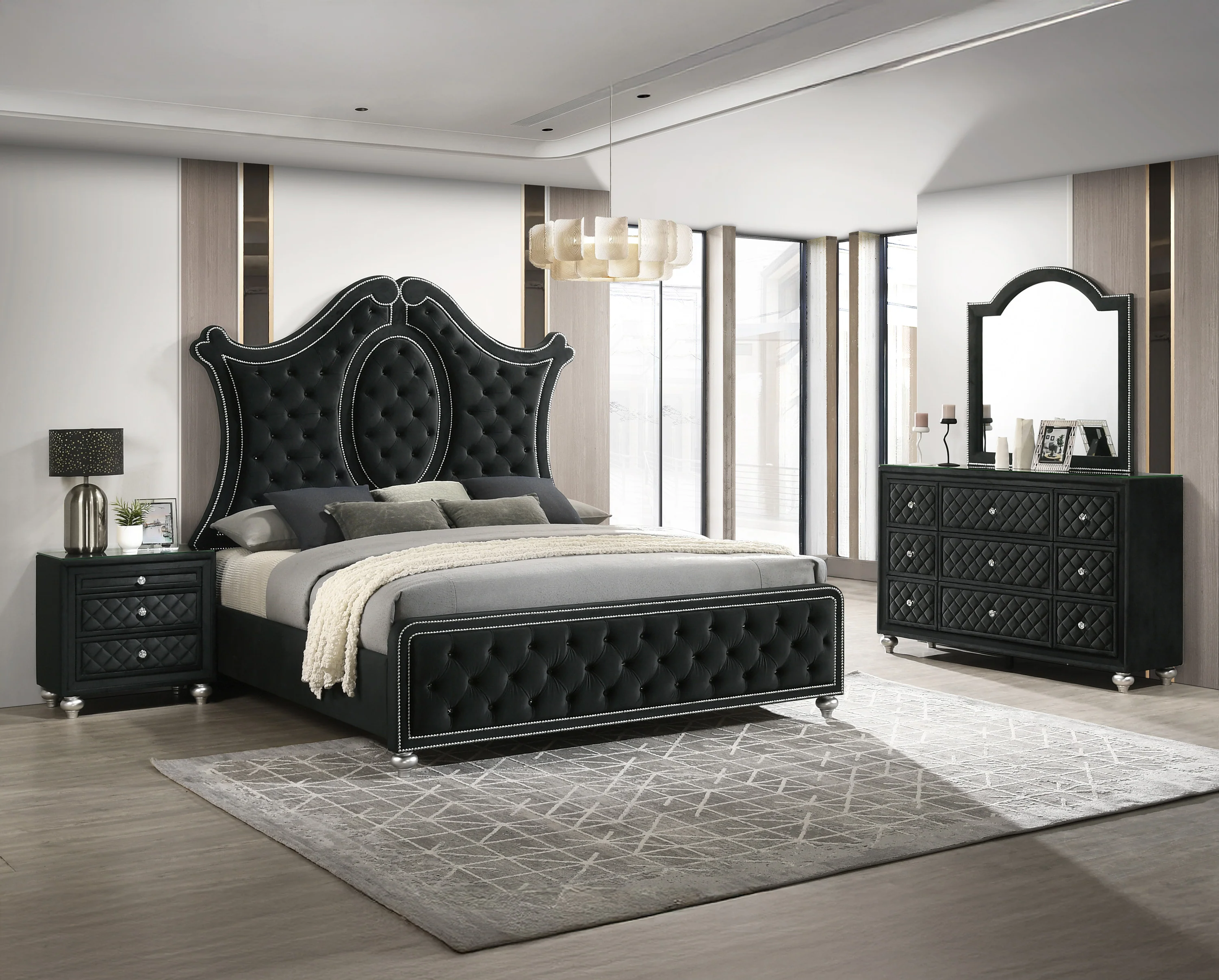 Cameo Black Upholstered Tufted Panel Queen Bed - Image 3