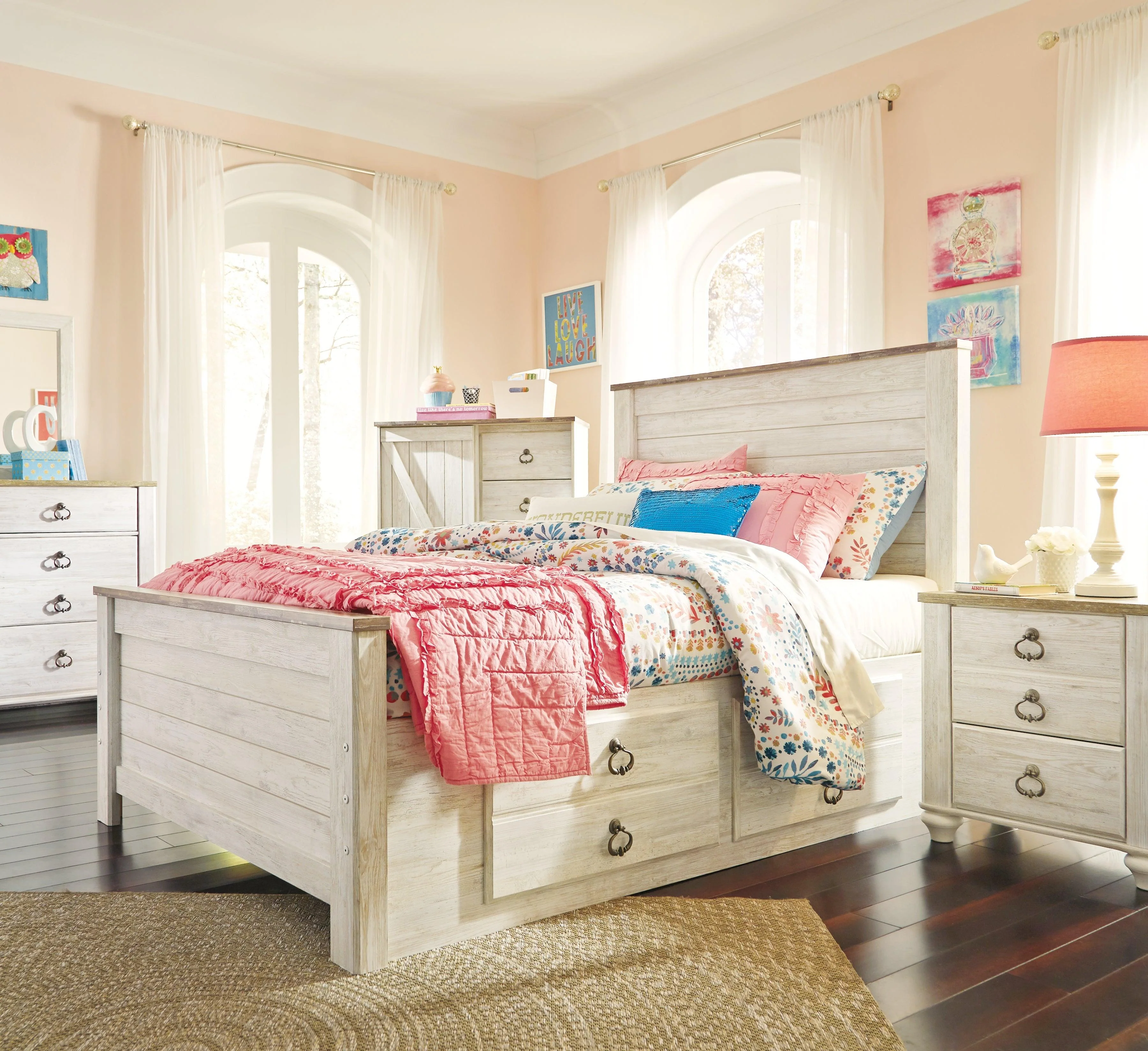 Willowton Whitewash Full Panel Bed With 2 Storage Drawers - Image 3