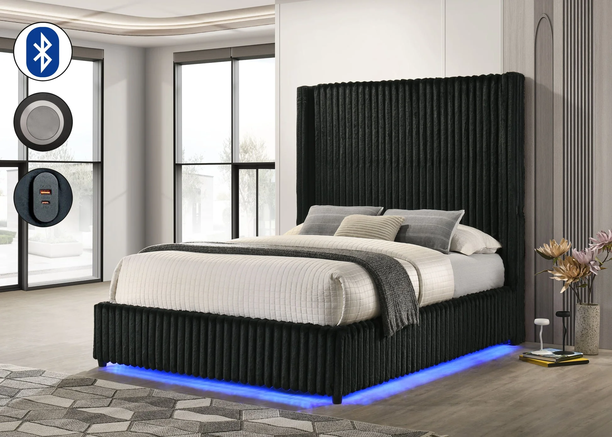 Melinda Black Upholstered LED Panel Queen Bed - Image 1