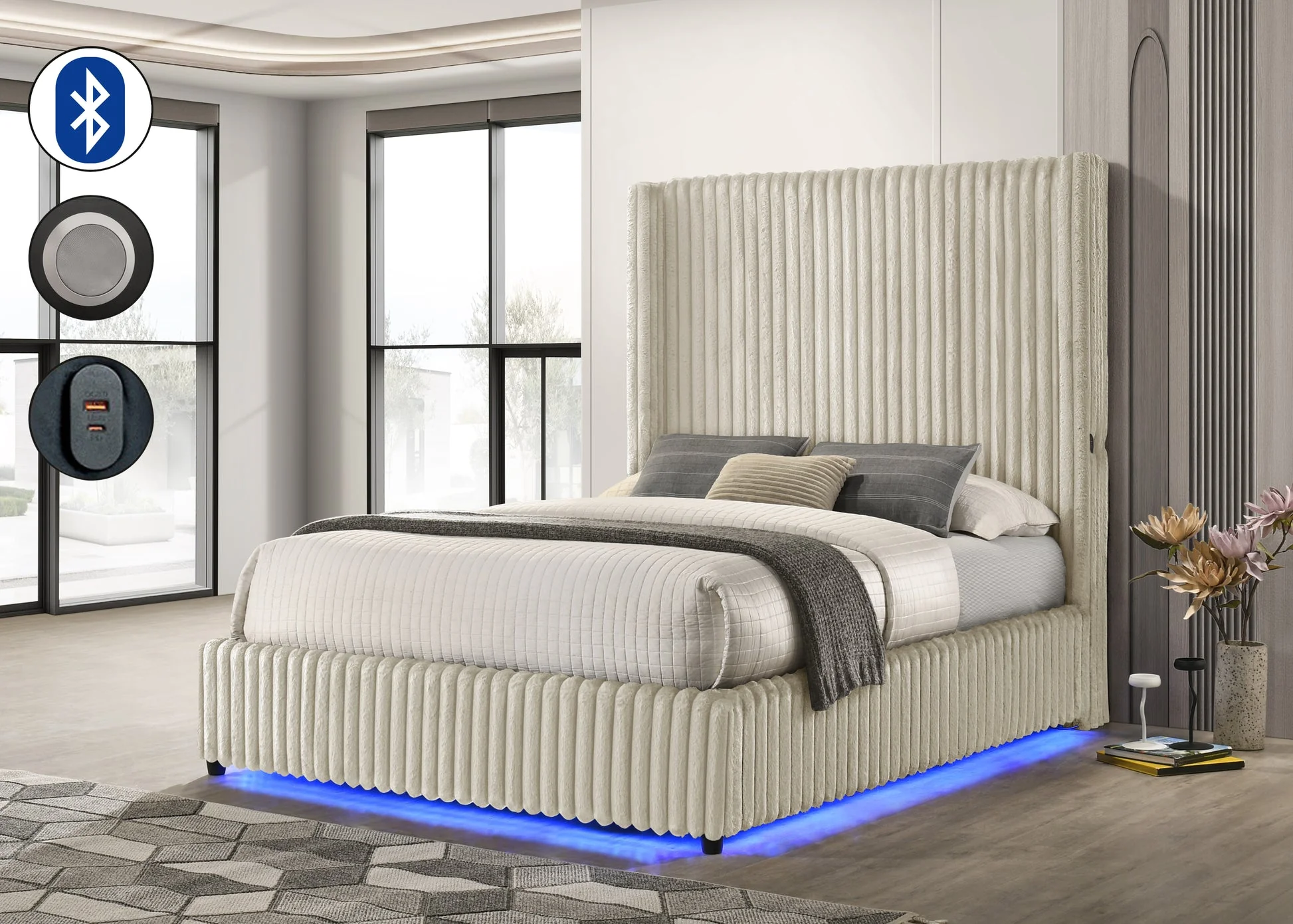 Melinda Cream Upholstered LED Panel Queen Bed - Image 1