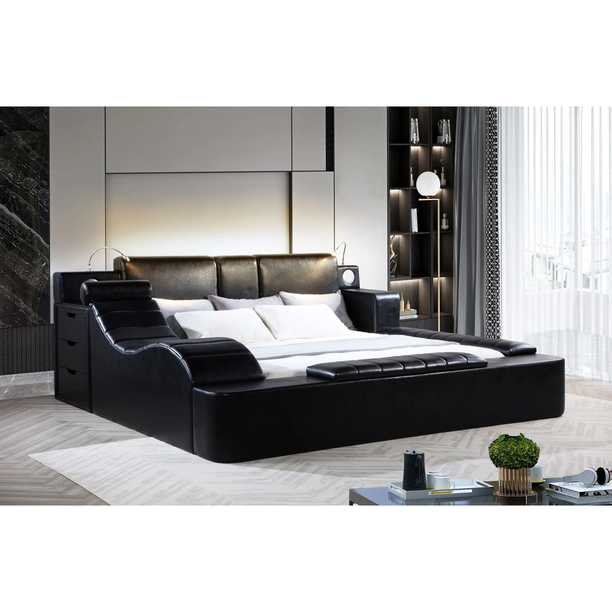 Apollo Black Upholstered LED Storage Platform Queen Bed - Image 1