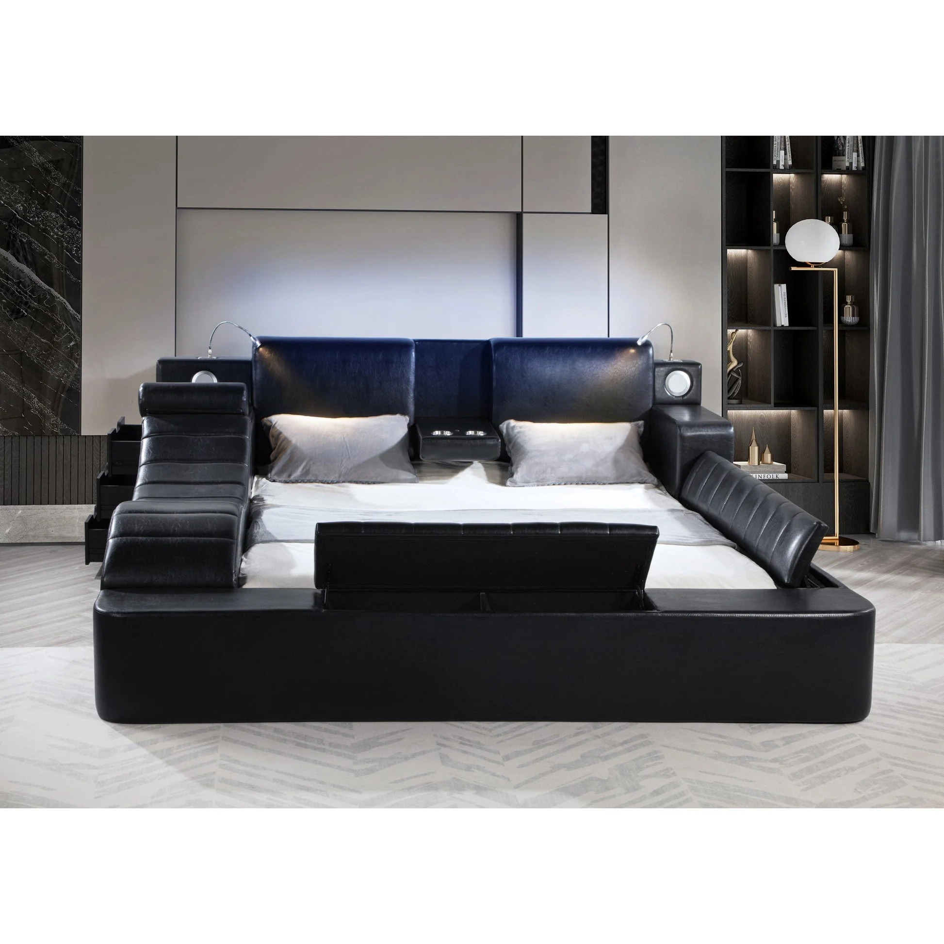 Apollo Black Upholstered LED Storage Platform Queen Bed - Image 2