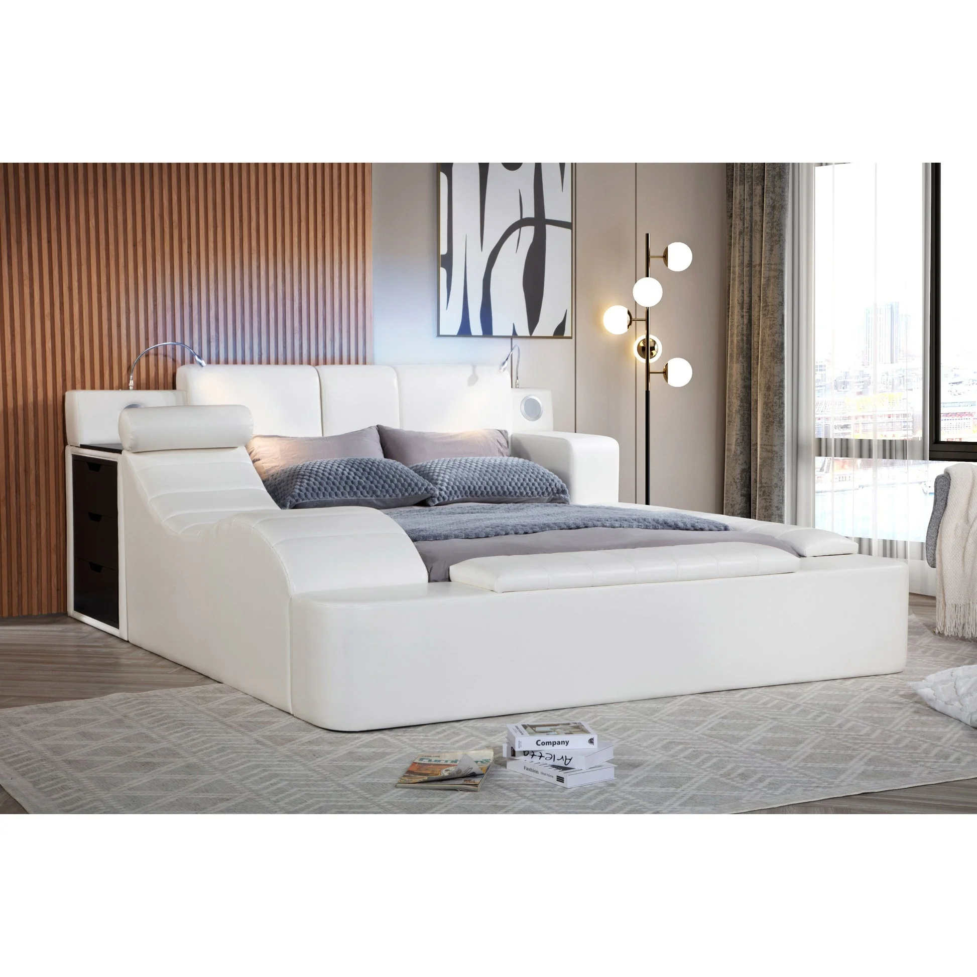 Apollo White Upholstered LED Storage Platform Queen Bed - Image 1