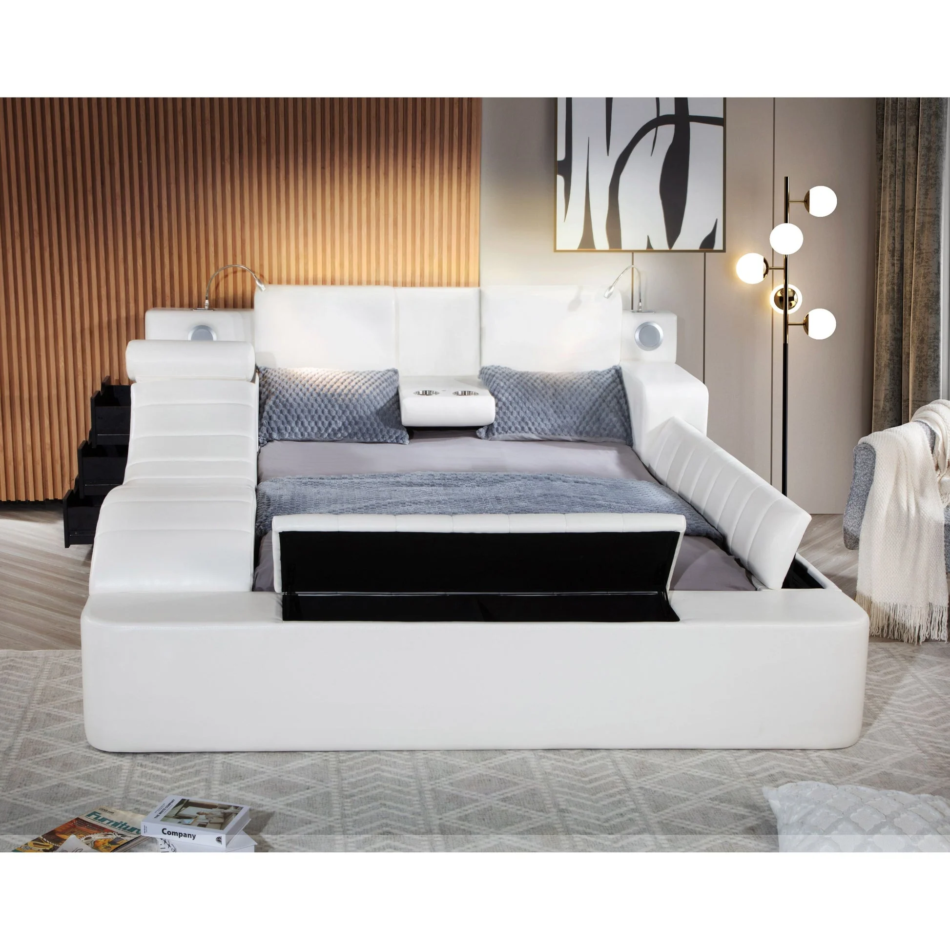 Apollo White Upholstered LED Storage Platform Queen Bed - Image 2