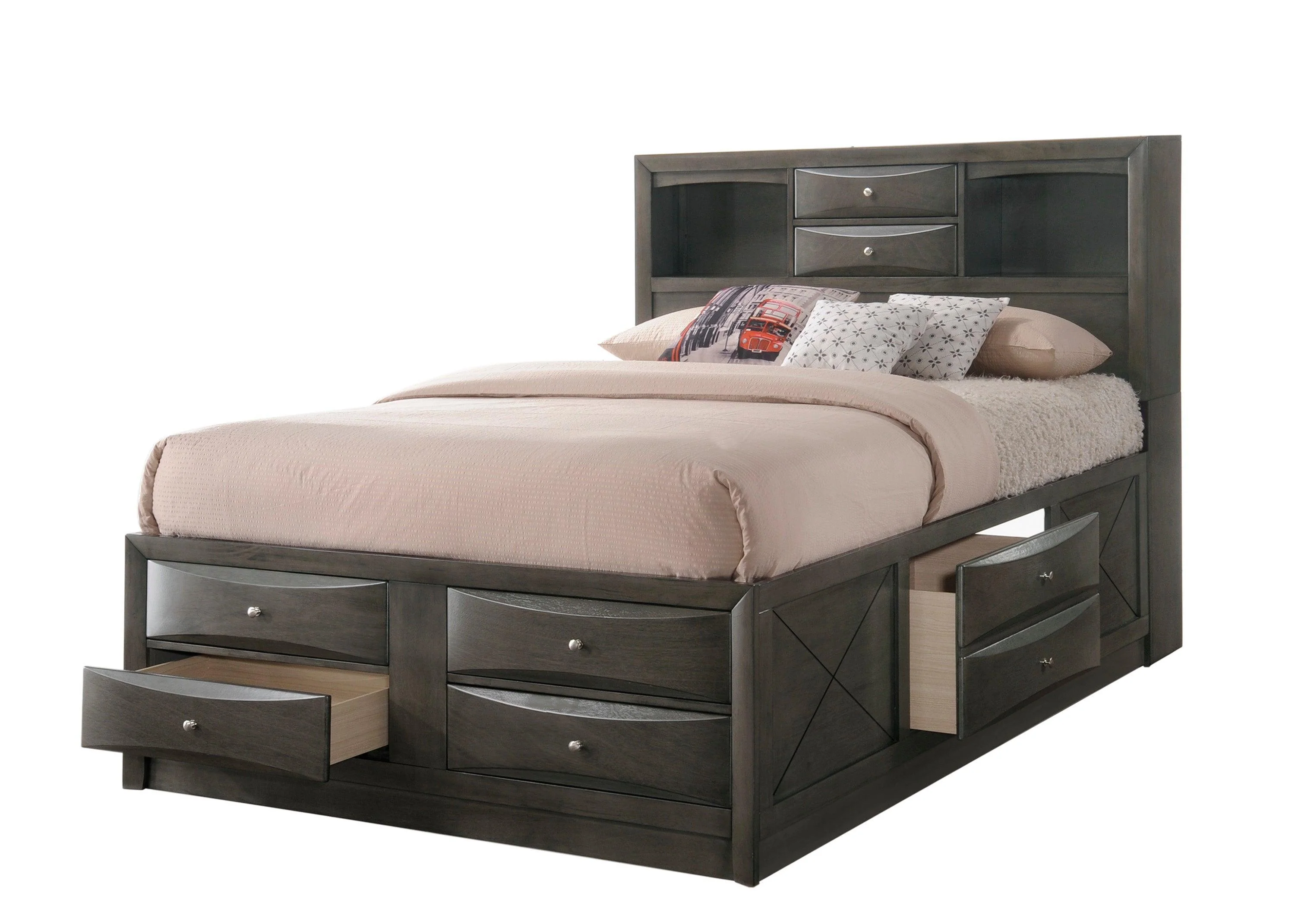 Emily Gray Bookcase Storage Upholstered Platform King Bed - Image 3