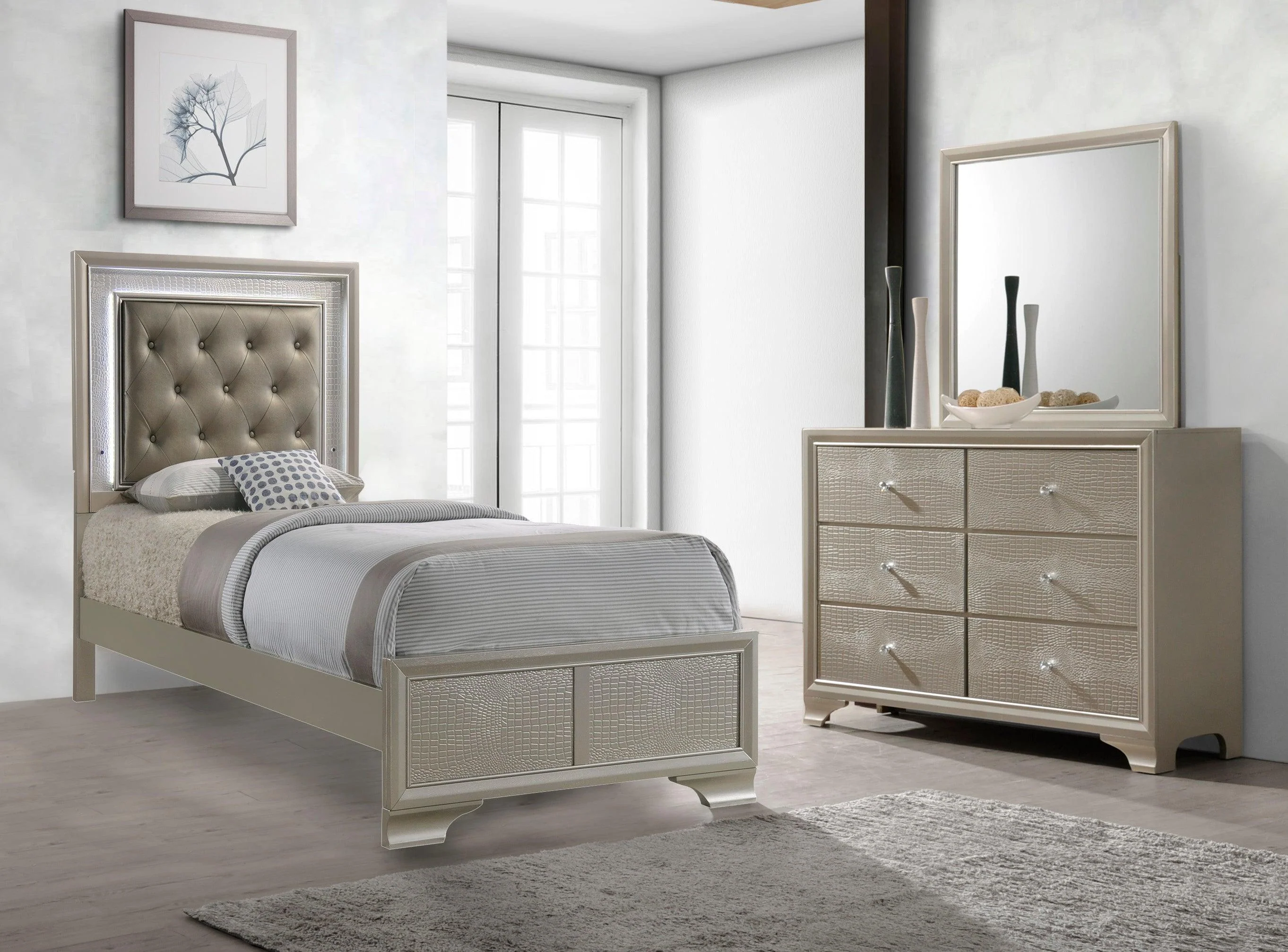 Lyssa Champagne LED Upholstered Tufted Panel Bedroom Set - Image 3