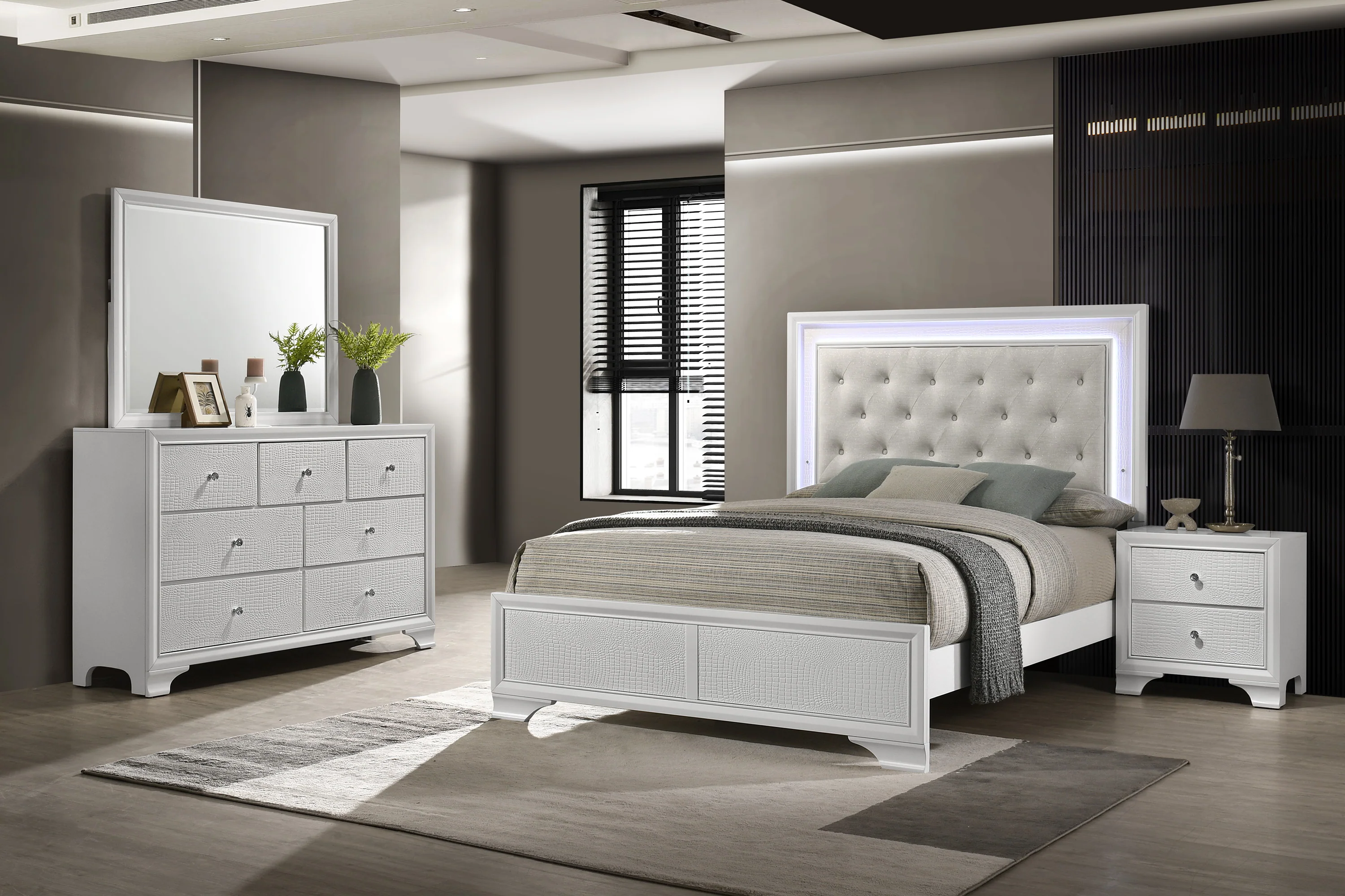 Lyssa Oat Frost LED Upholstered Tufted Panel Bedroom Set - Image 2